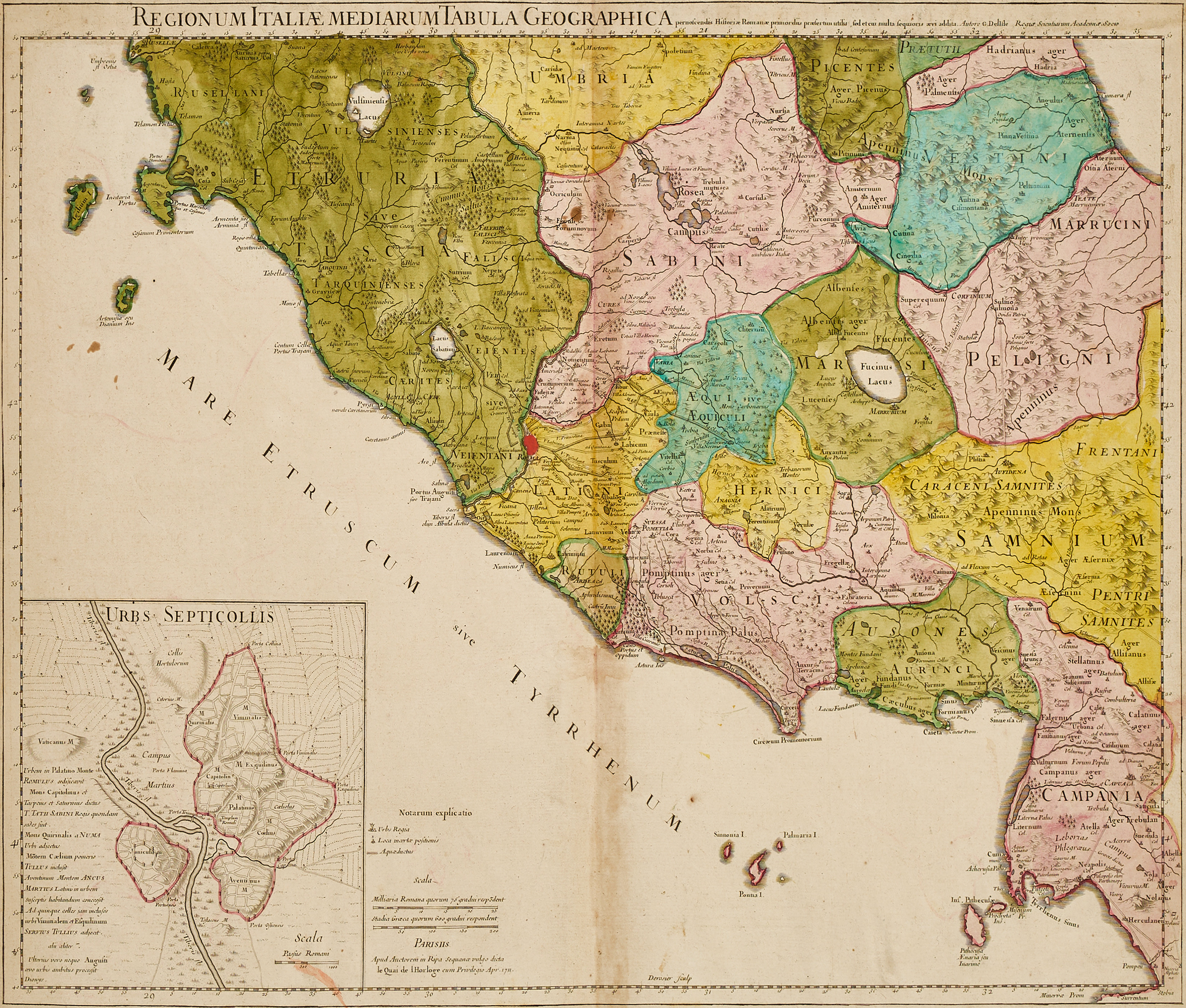 DELISLE, Regionum Italiæ Mediarum Tabula Geographica, ca 1711. VAUGONDY, Etat de L'Eglise, Grand Duché de Toscana et Isle de Corse.
