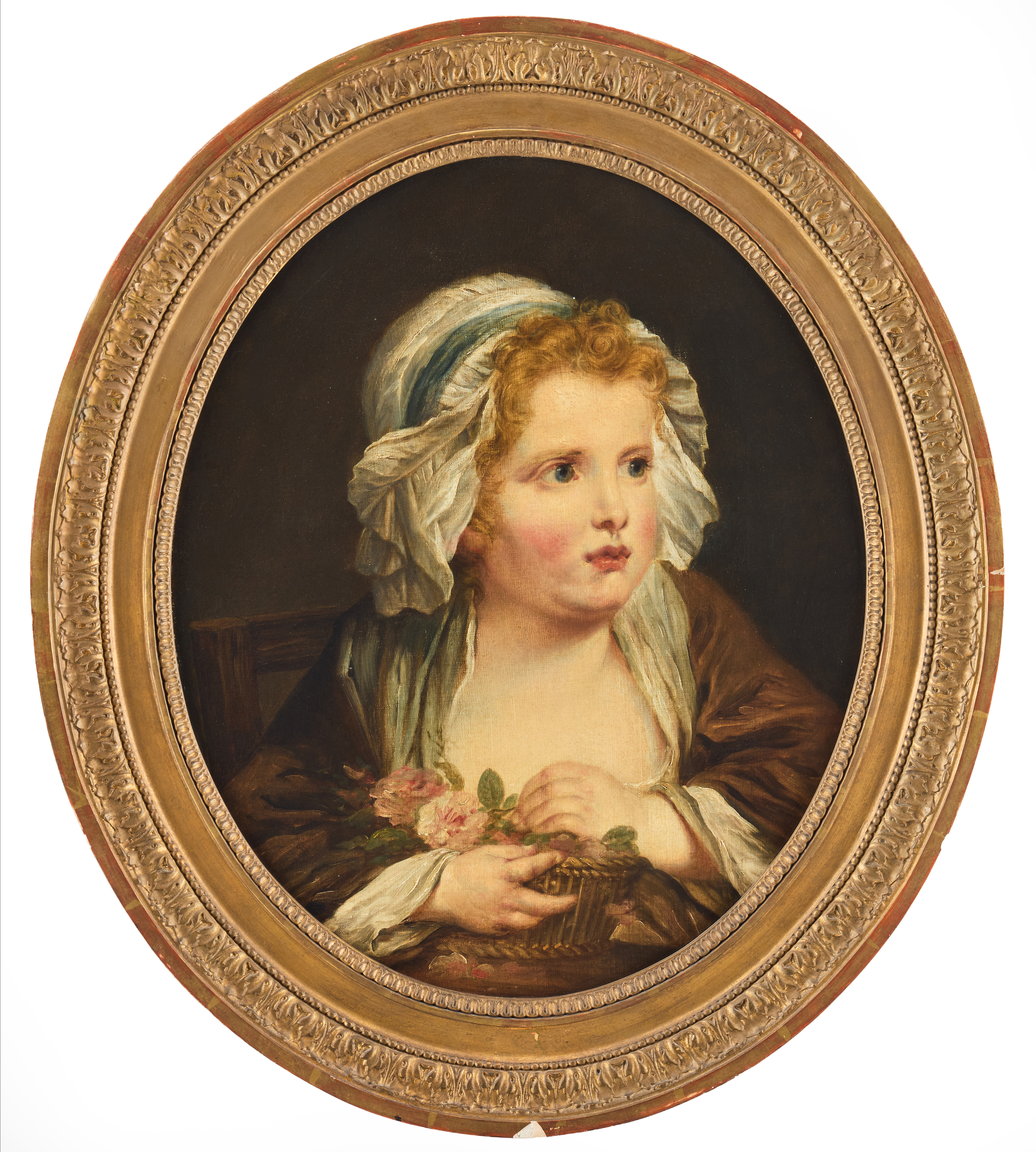 FRENCH SCHOOL, 19TH CENTURY. After Jean-Baptiste Greuze. Portrait of a young girl with a basket of flowers.