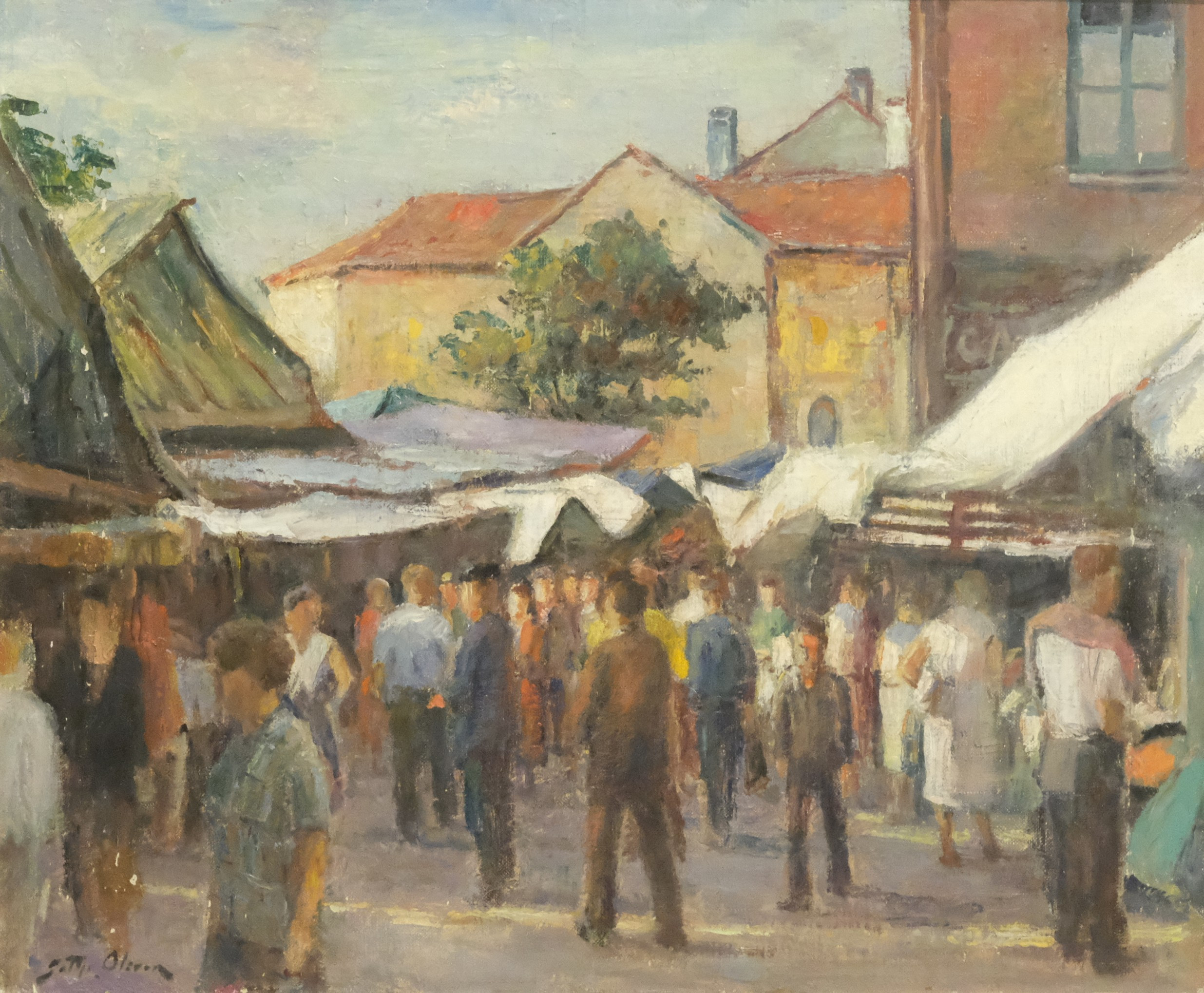 GOTTFRID OLSSON. MARKNAD MED MÄNNISKOR, OLJA PÅ DUK.