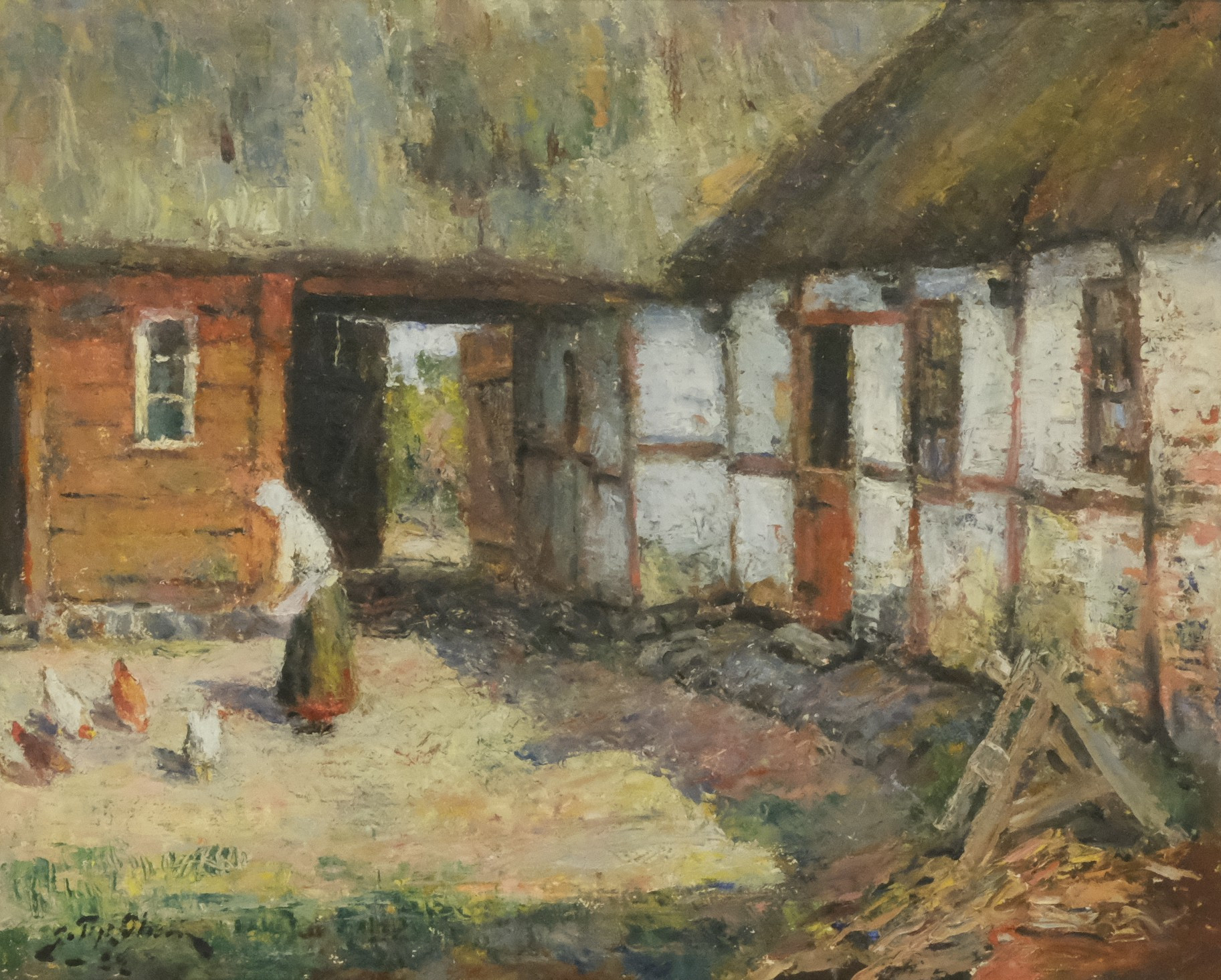 GOTTFRID OLSSON. GÅRDSMOTIV, OLJA PÅ PANNÅ.