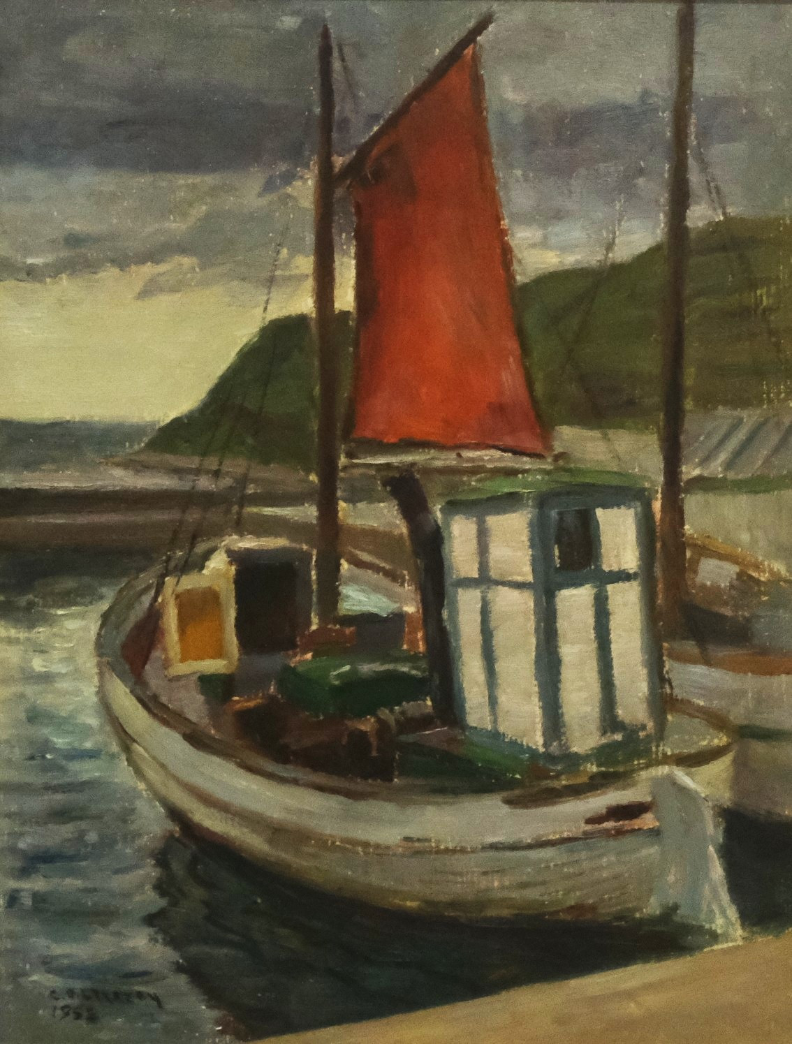 CARL OSCAR LARSSON. BÅT VID KAJ, OLJA PÅ PANNÅ.