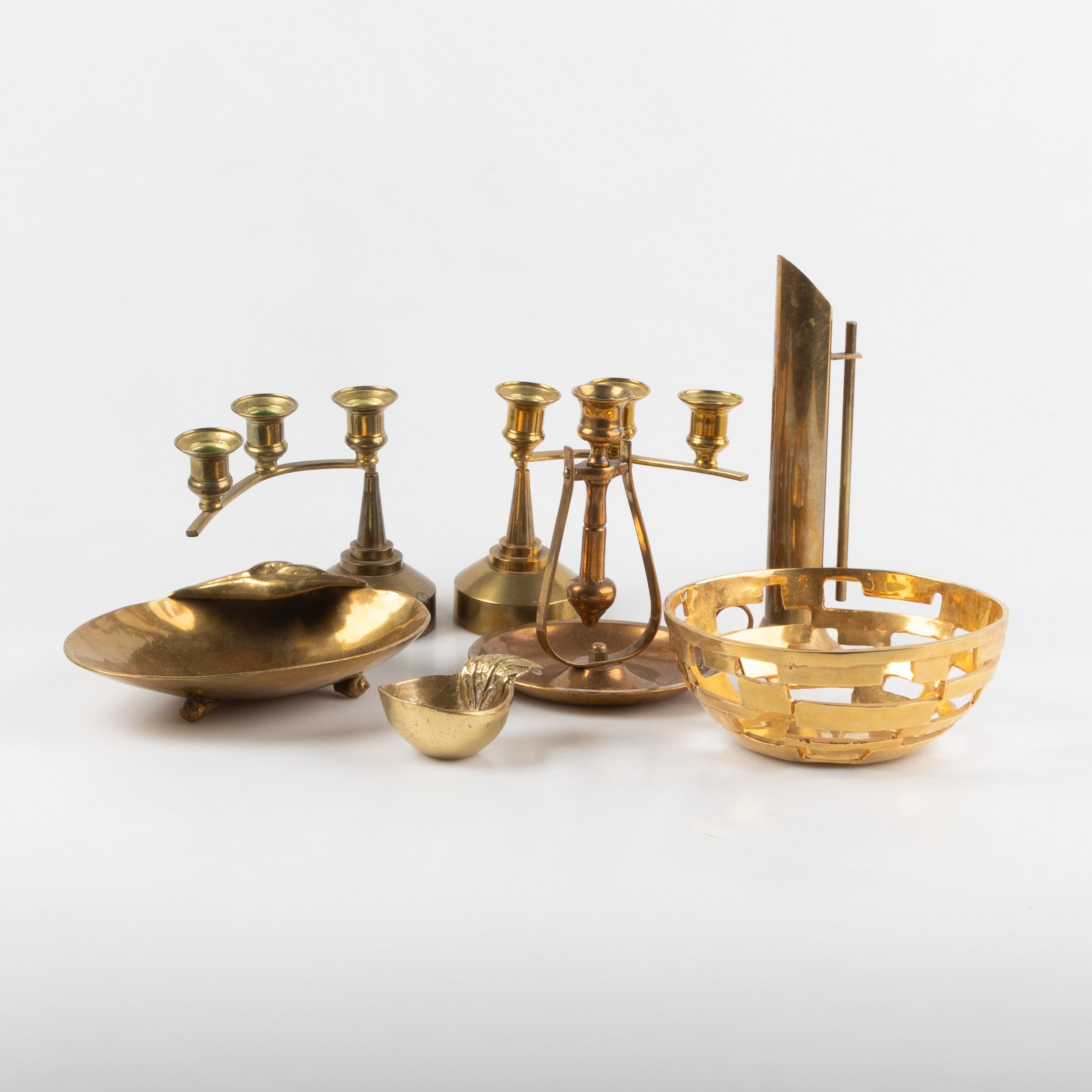 KANDELABRAR, LJUSSTAKE, SKÅL, mm, 7 delar, mässing, 18/1900-tal.