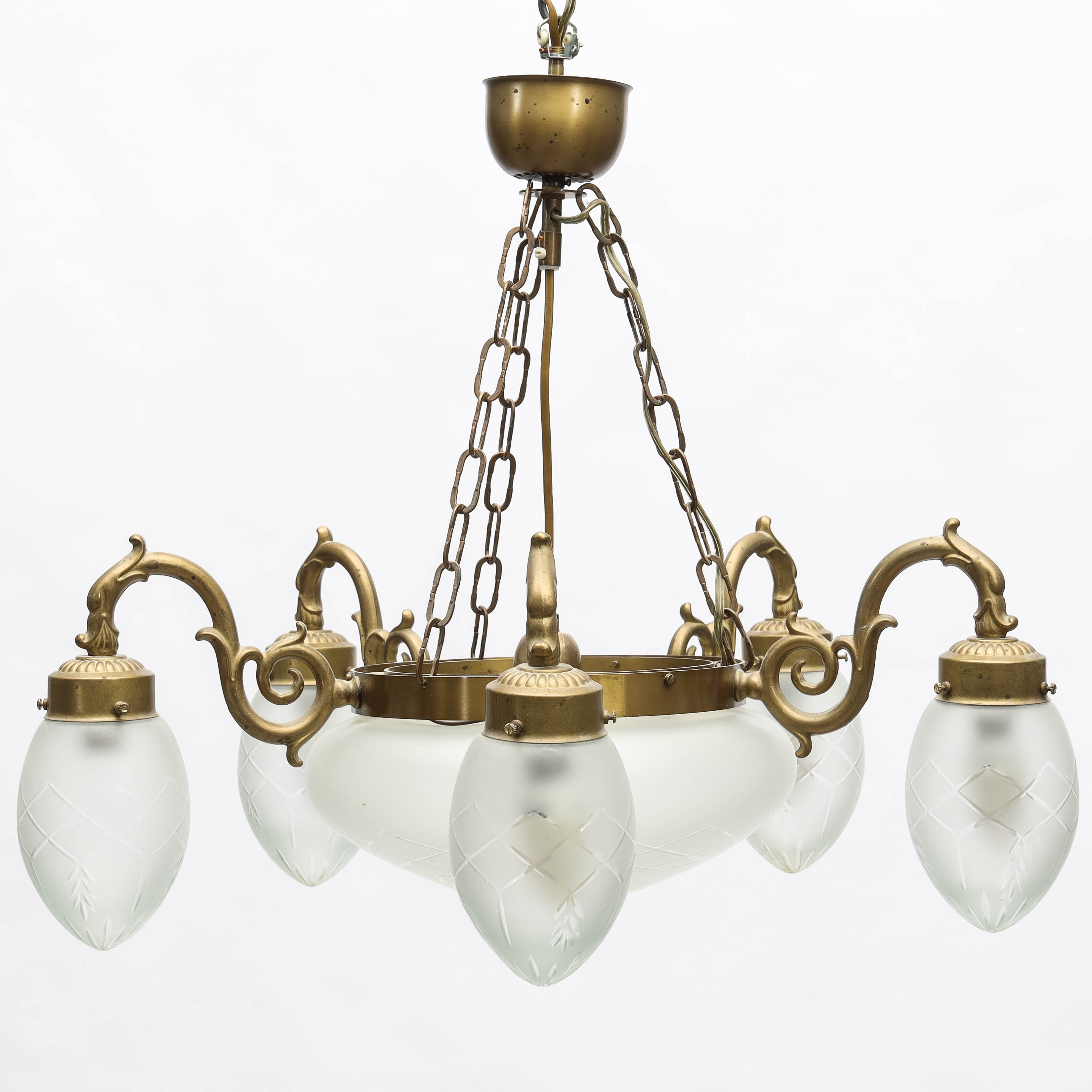TAKLAMPA, metall & frostat glas, Jugend stil, 1900-tal.