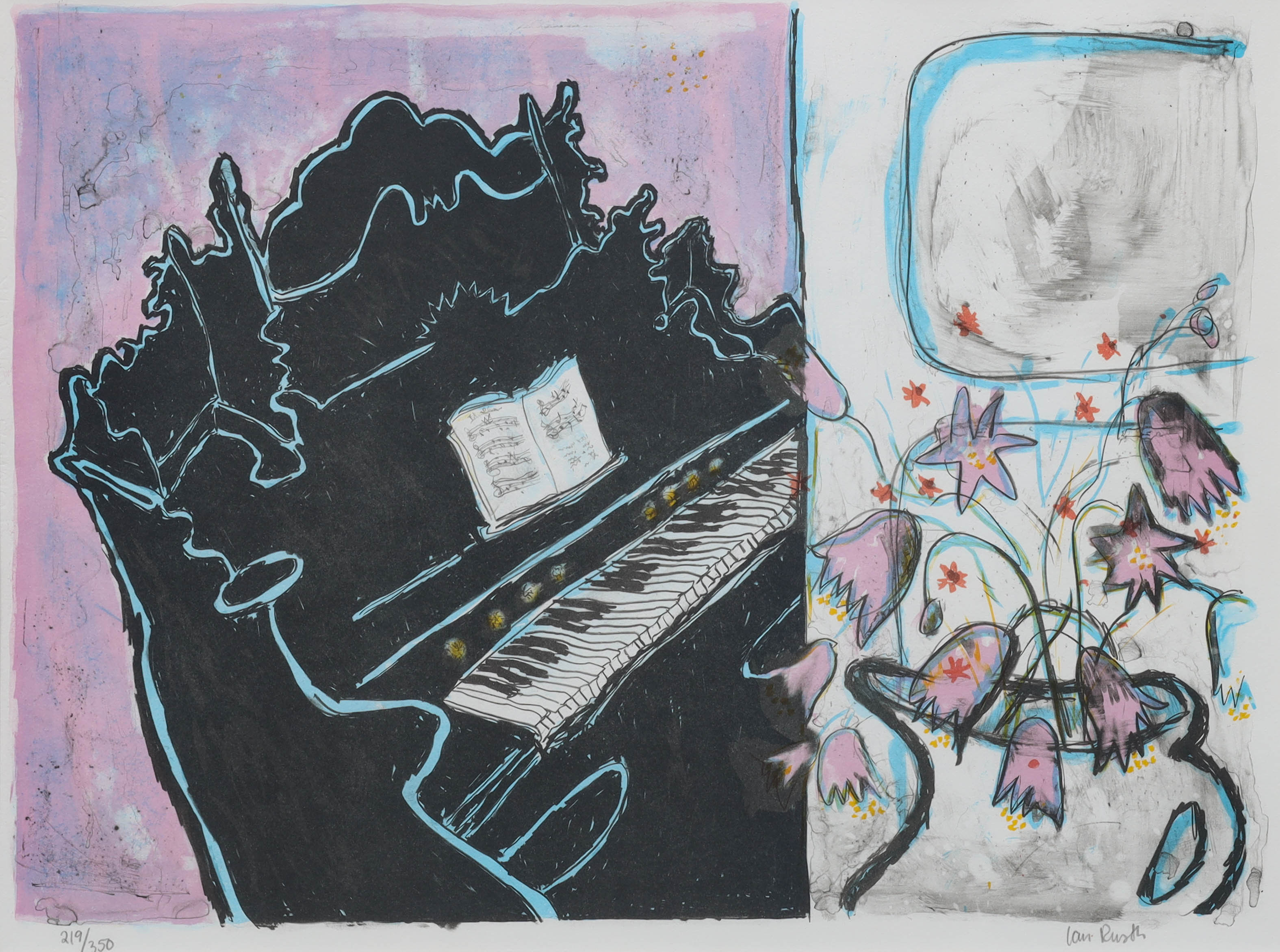 IAN RUSTH. färglitografi, Svart piano och blommor, numrerad 219/350, signerad.