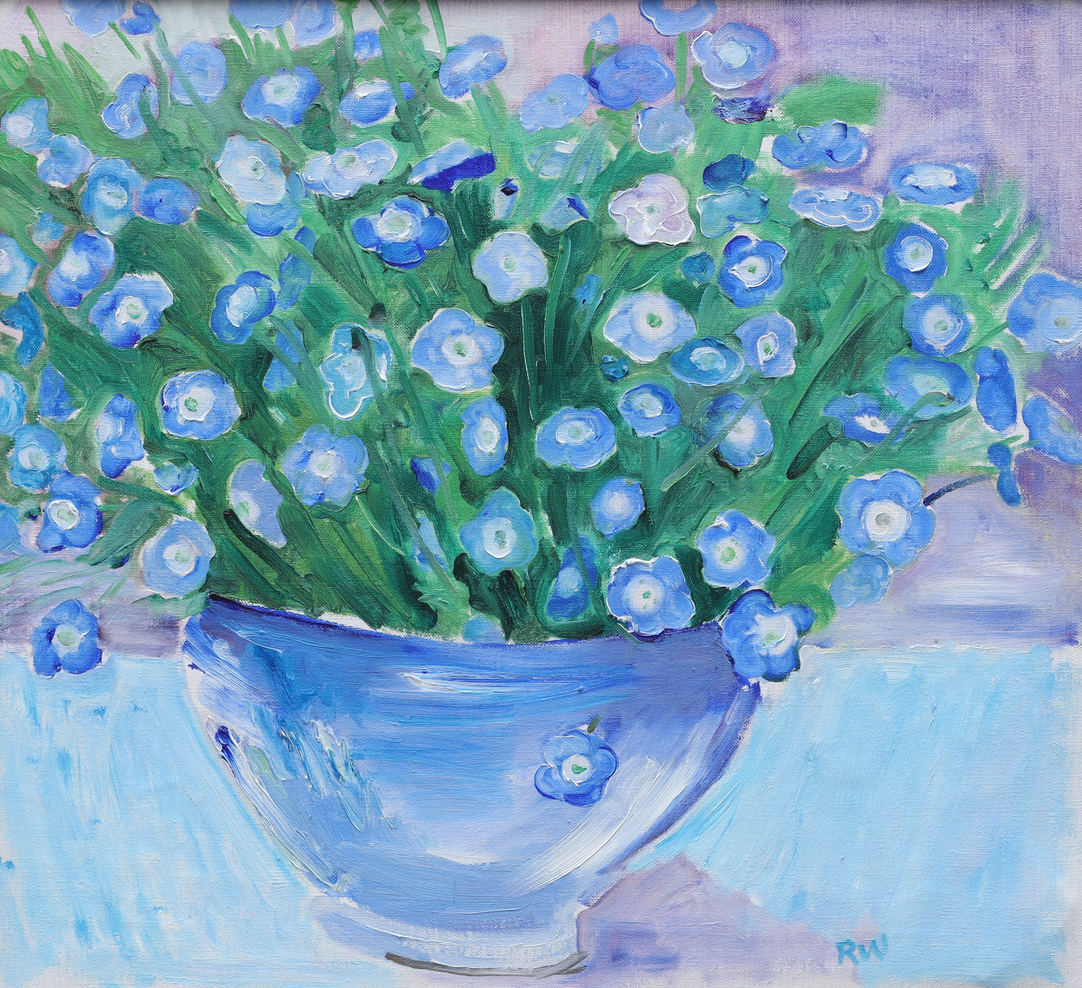 REINAR WIKSTRÖM. olja på duk, "blå blommor", monogramsignerad RW.