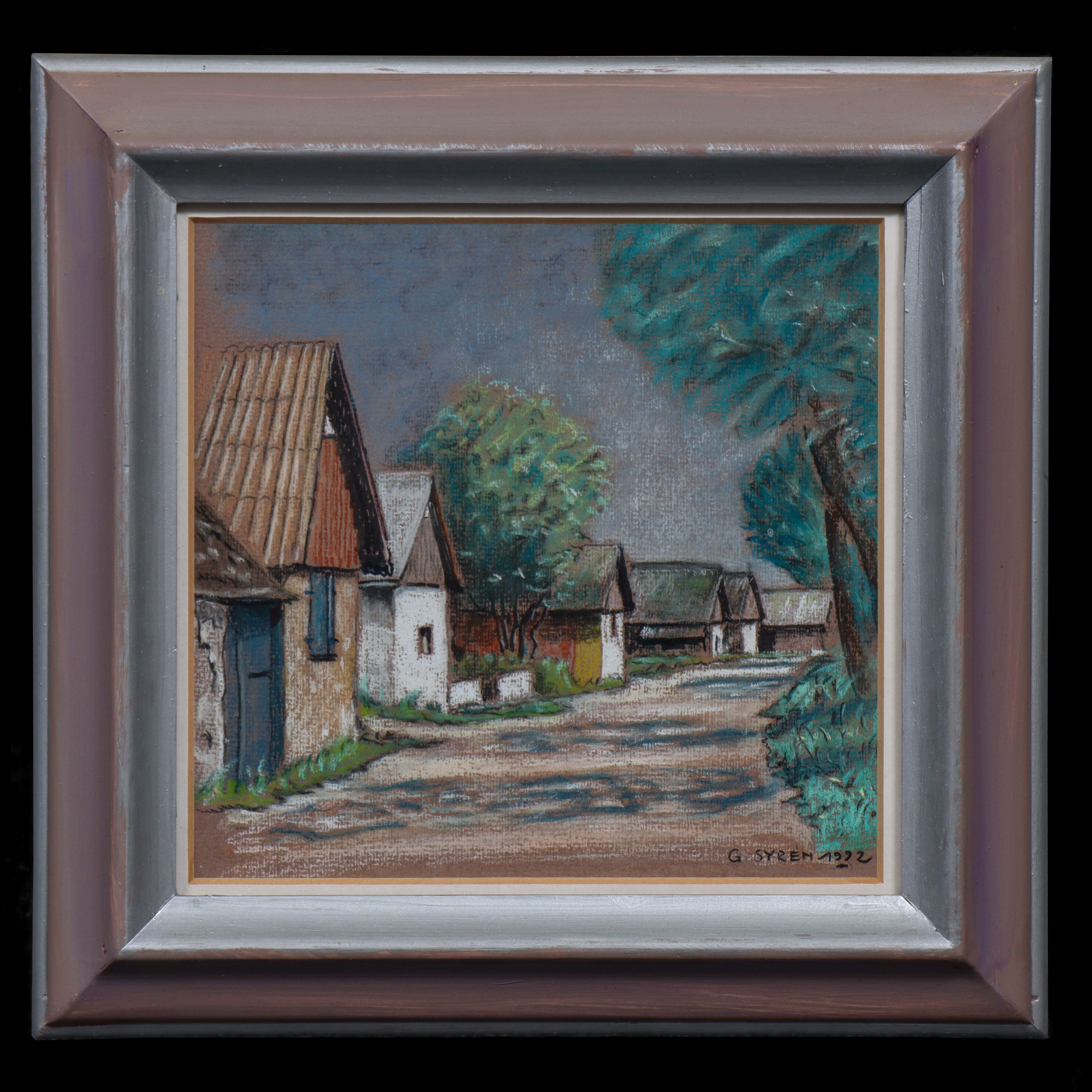 GUNNAR SYRÉN, PASTELL "BYGATAN" SIGNERAD, INGLASAD.