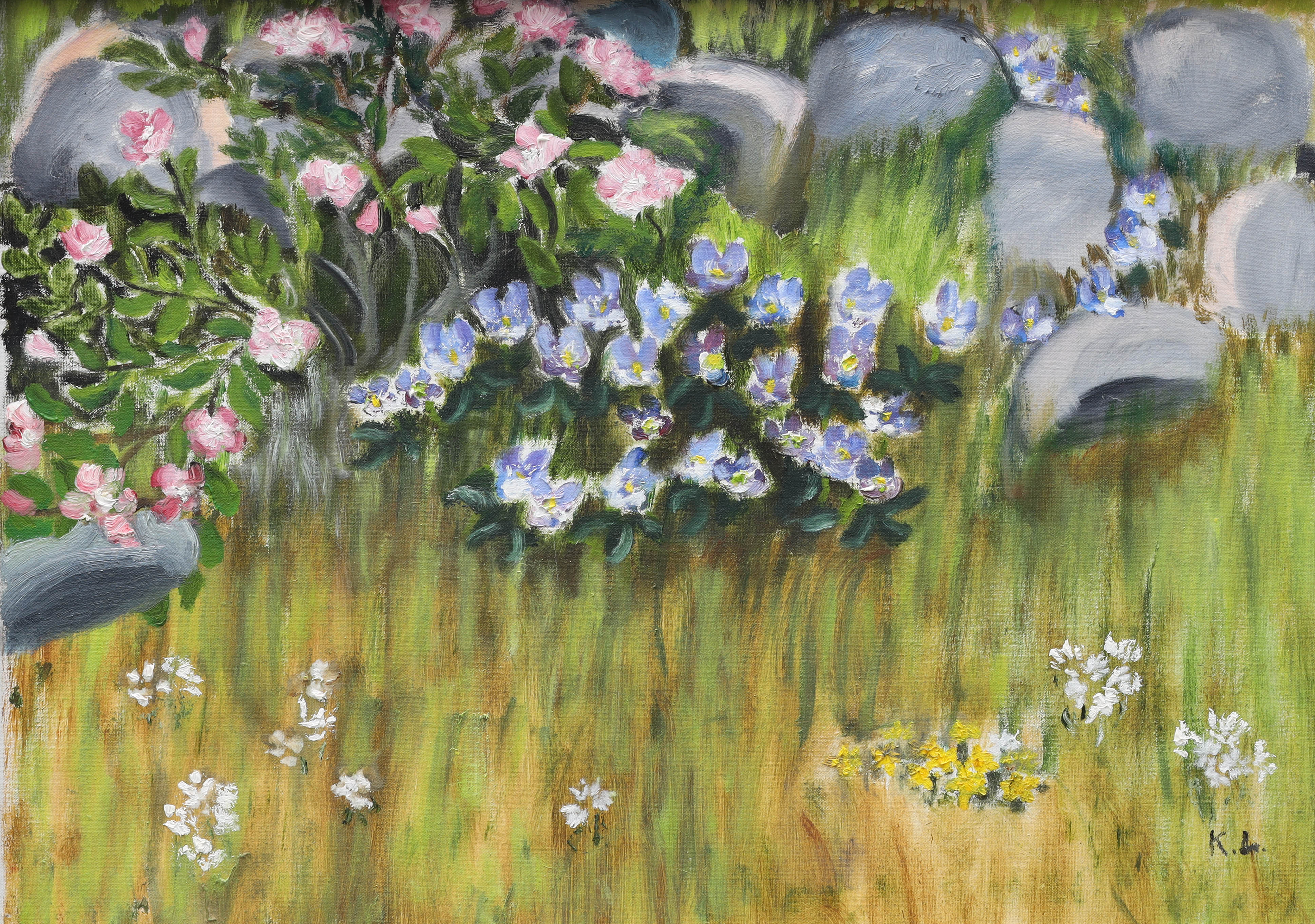 OIDENTIFIERAD KONSTNÄR. olja på duk, vårblommor, monogramsignerad K.L.