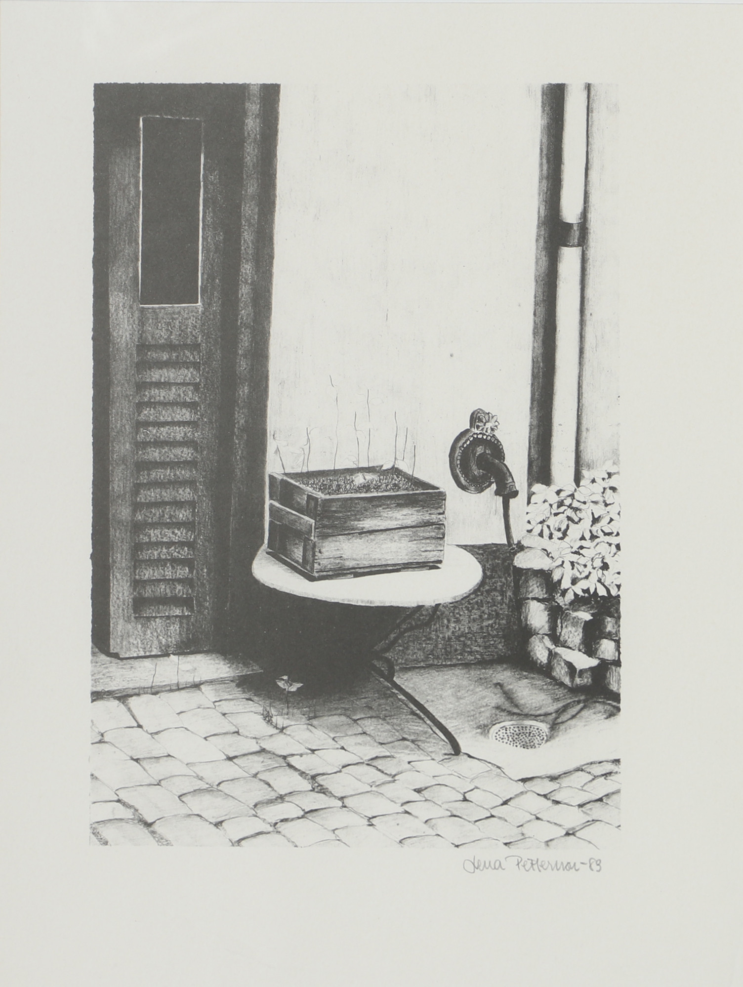 LENA PETTERSSON. Trädgårdslåda, grafiskt blad, signerad -83.
