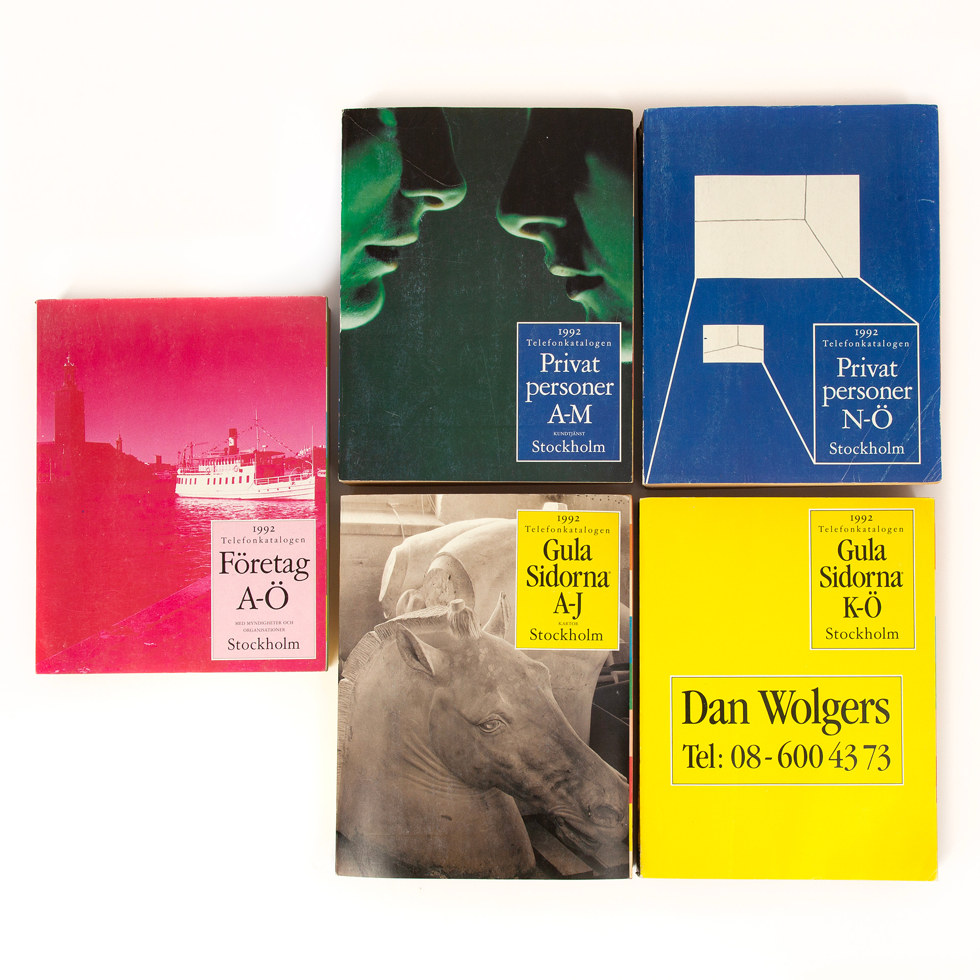 DAN WOLGERS. Telefonkataloger, Gula sidorna, fem volymer, Stockholmsdelen, 1992.