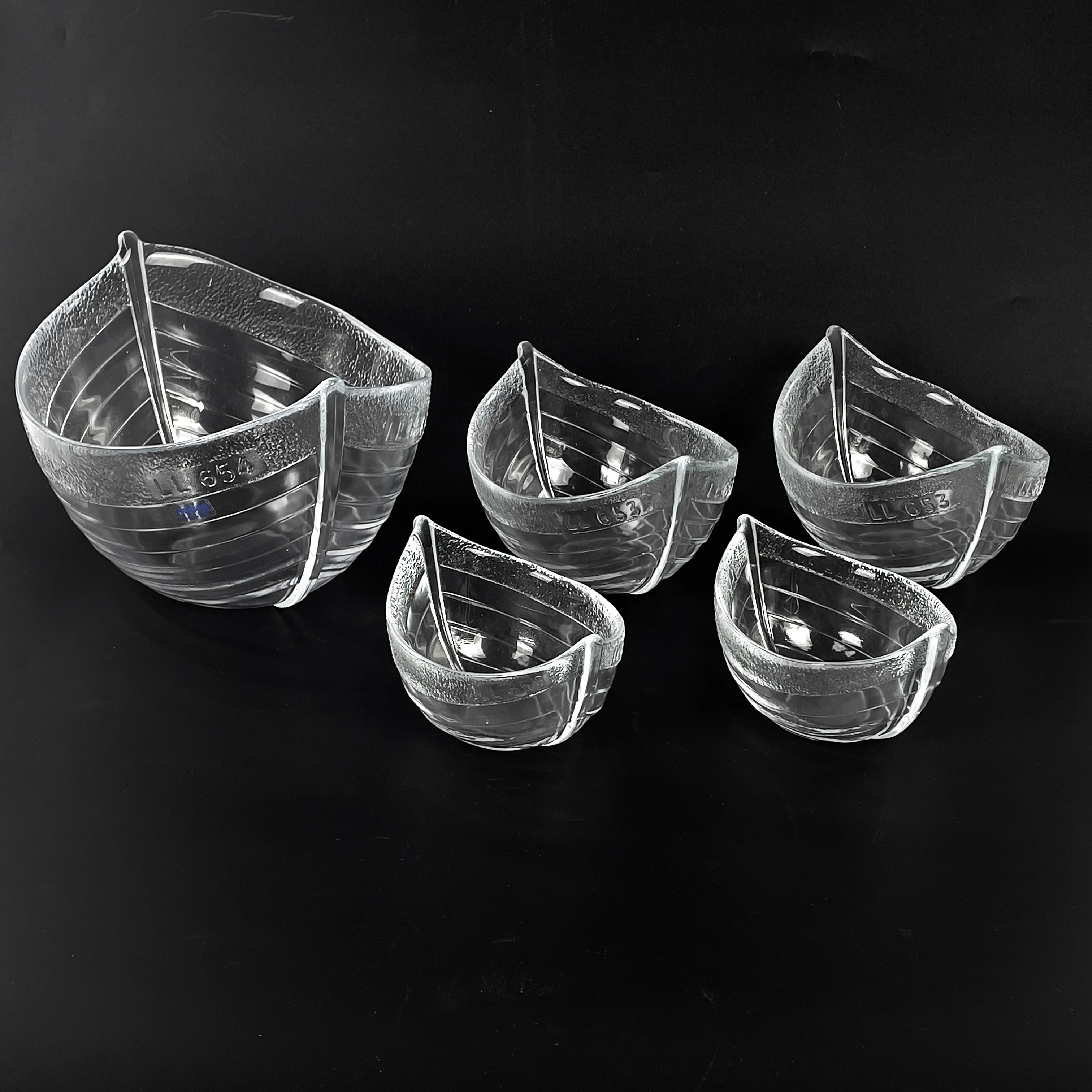 BOHUS SKÅLAR, 5 st, glas, "räktrålare", Nybro, 1900-talets andra hälft.