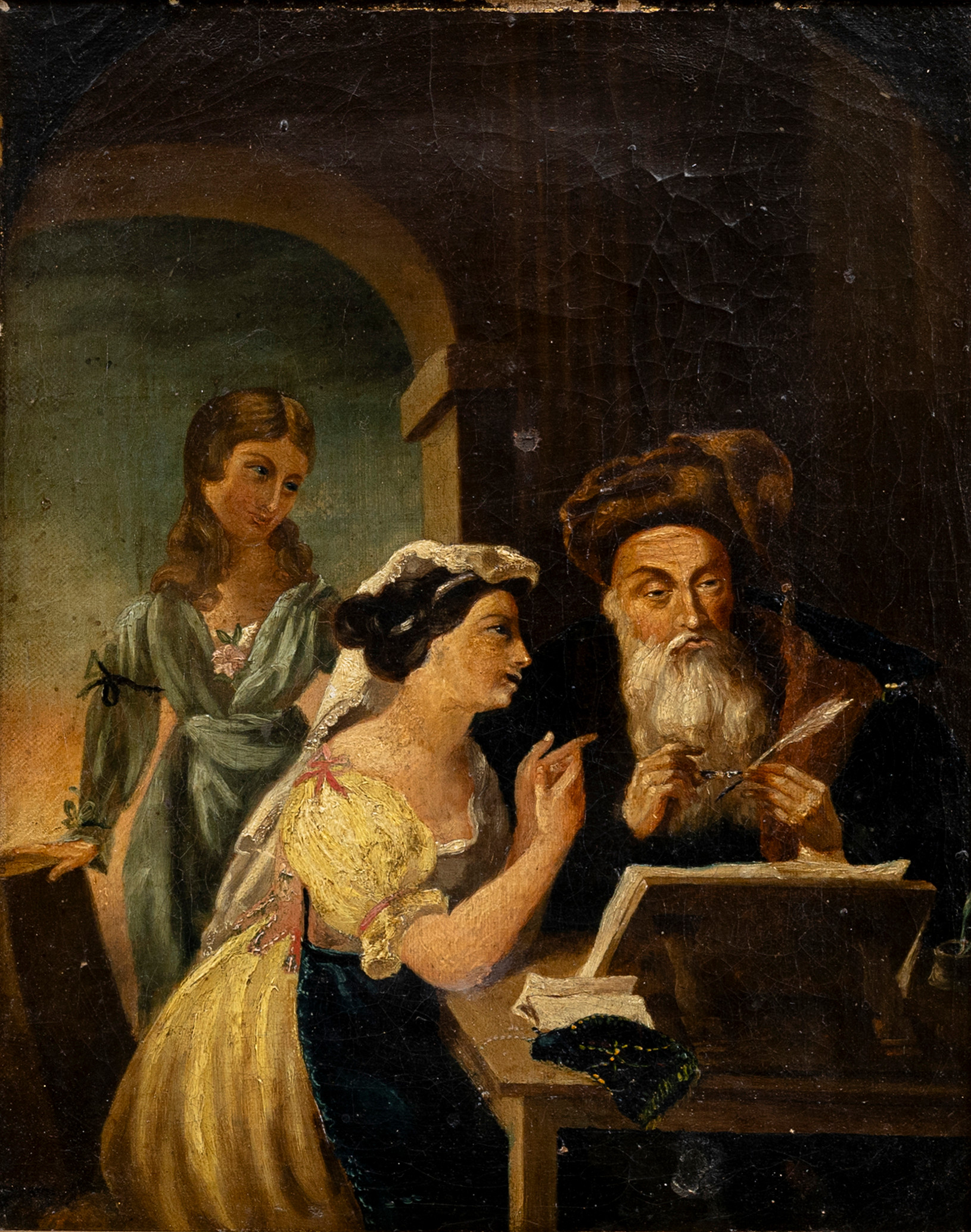 OKÄND KONSTNÄR. Skrivstuga, olja på pannå, 1800-tal.