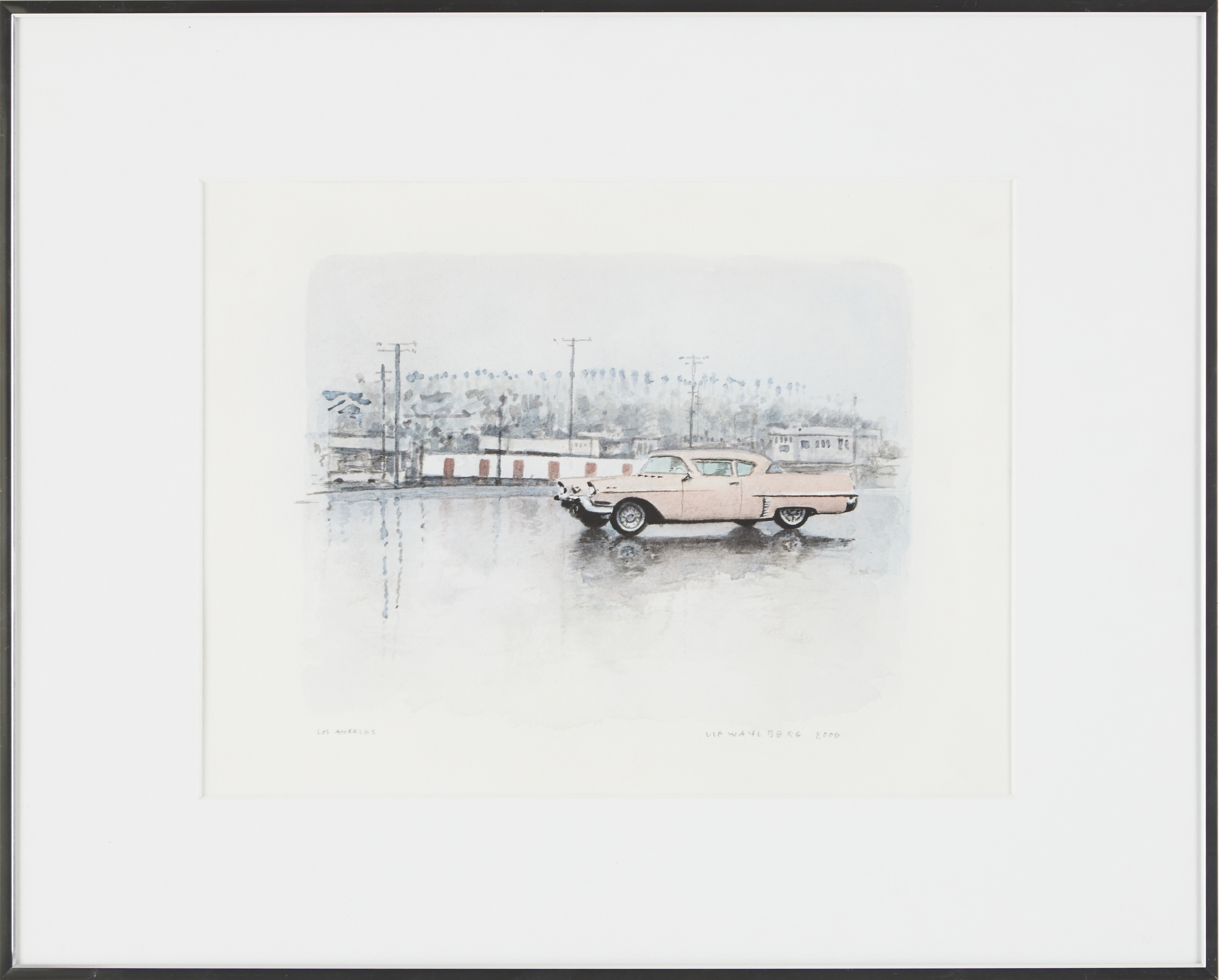 ULF WAHLBERG. (1938-2014). "Den rosa cadillacen II", Los Angeles, signerad daterad Ulf Wahlberg 2000, akvarell.