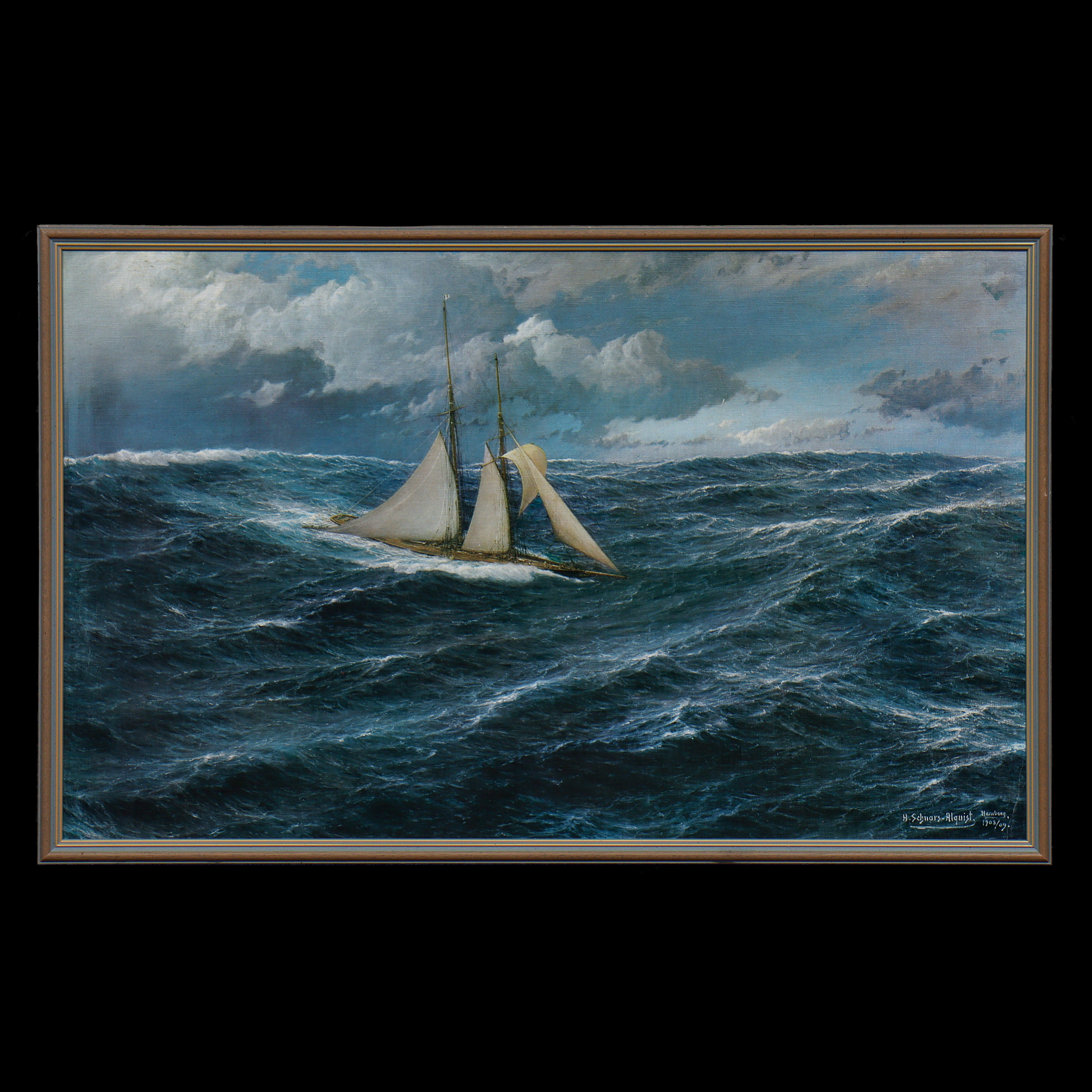 HUGO SCHNARS-ALQUIST (EFTR) SKONARYACHT "HAMBURG" TRYCK AV OLJEMÅLNING ATLANTKAPPSEGLING 1905.