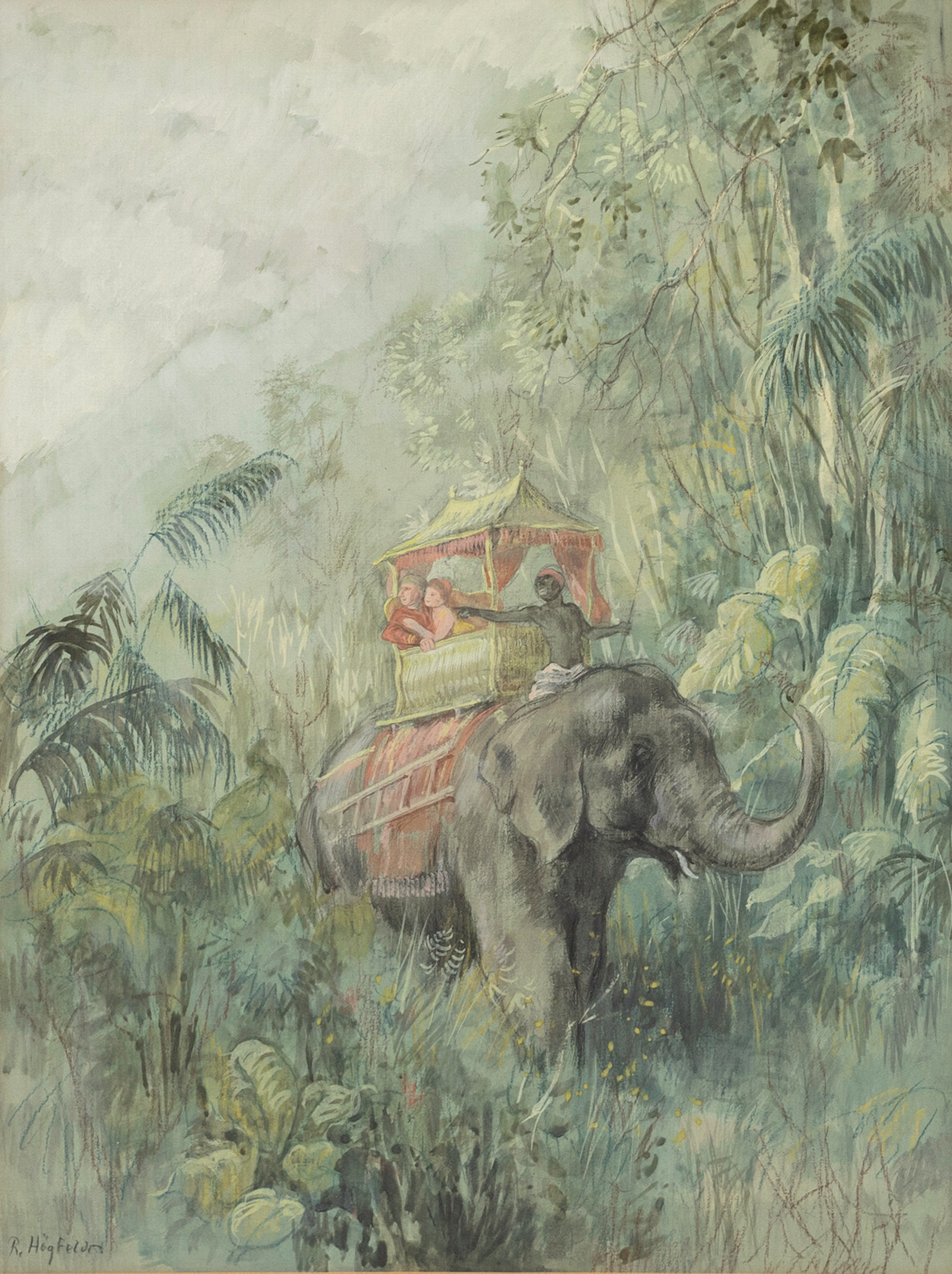 ROBERT HÖGFELDT. På elefantens rygg, akvarell, signerad, R. Högfeldt.