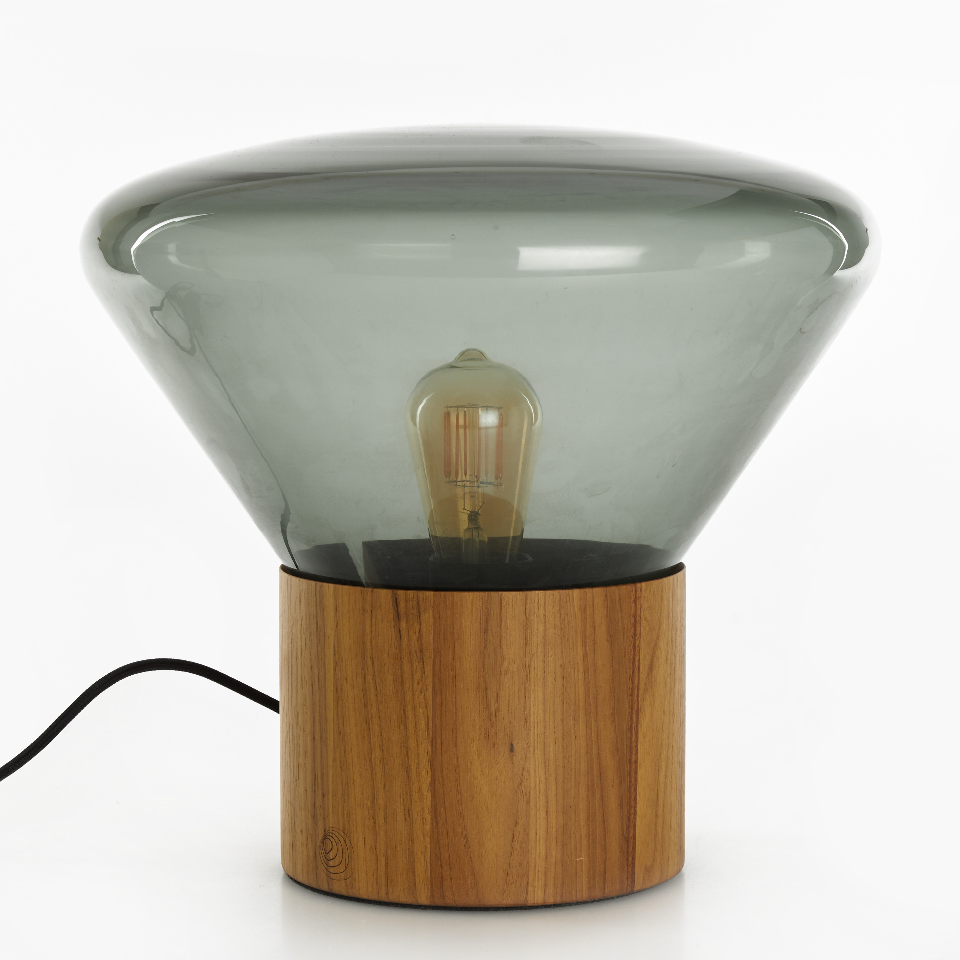 BORDSLAMPA, "Muffin", Etikettmärkt Brokis, valnöt, rökfärgat glas.