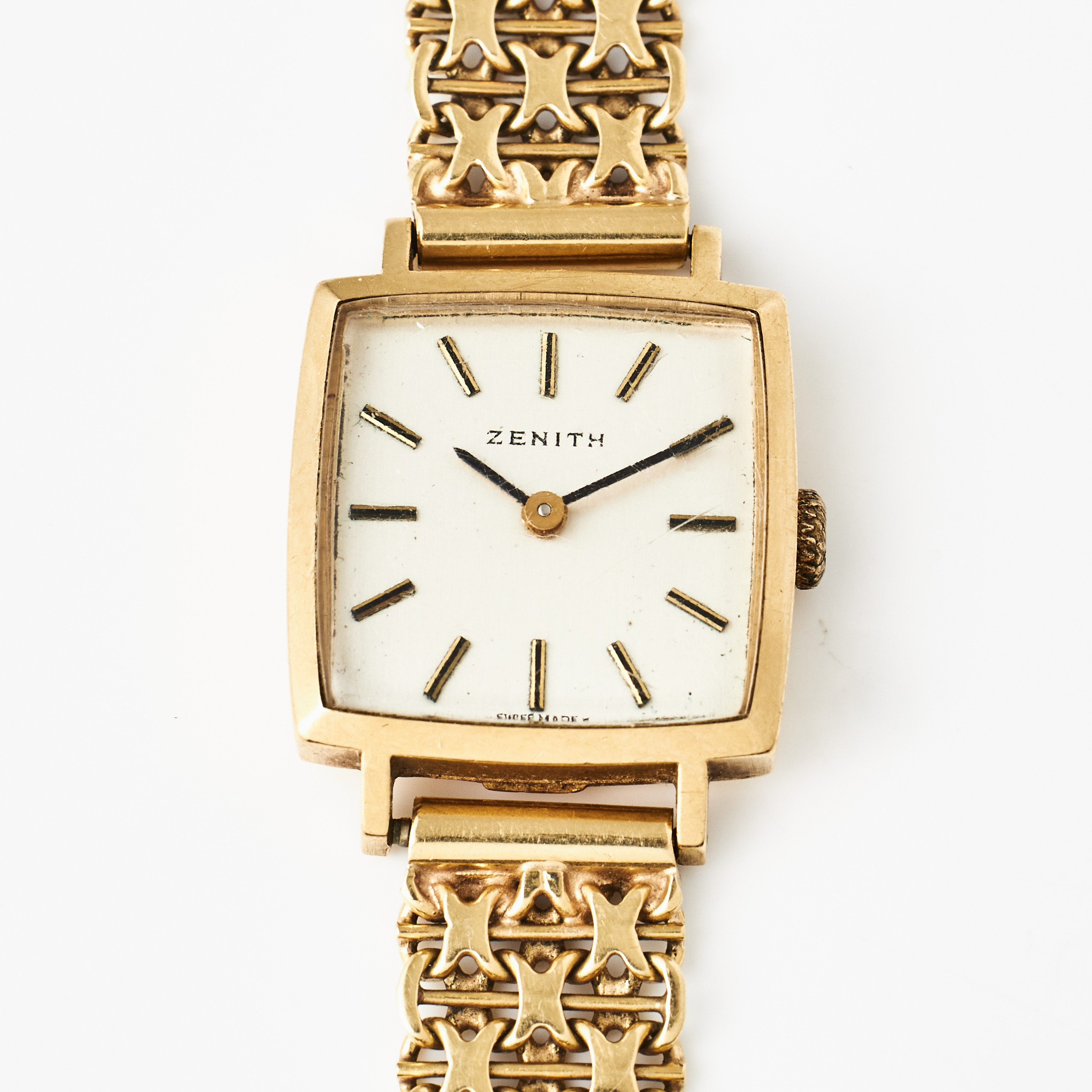 ZENITH, armbandsur, manuell, kvadratisk urtavla, plexiglas, armband, x-länk med stav, 18 k guld, Esto AB Guldvarufirman, Stockholm 1970.