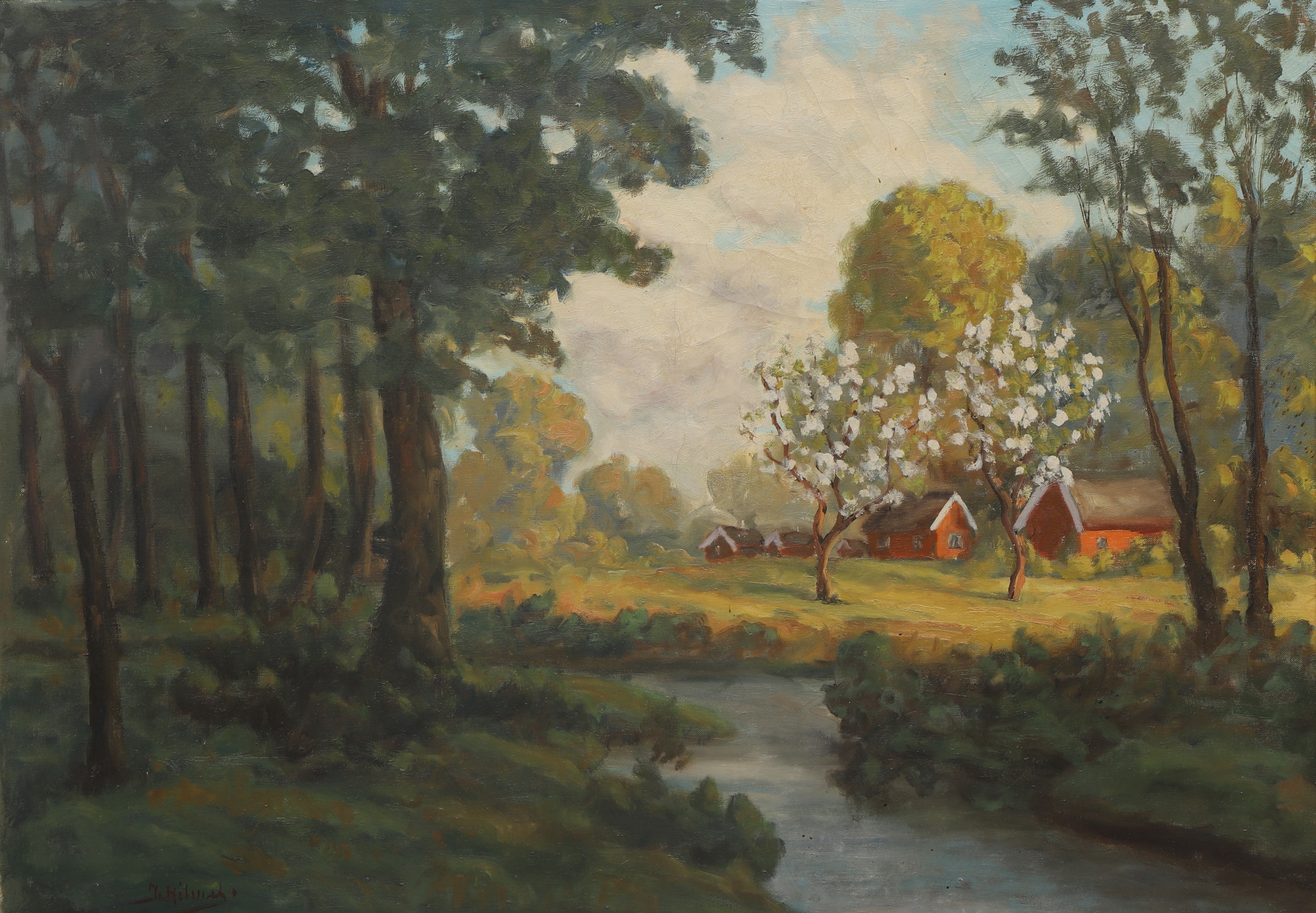 OIDENTIFIERAD KONSTNÄR. Olja på duk, hus i skogsglänta, signerad J.Hilmer, 1900-tal.
