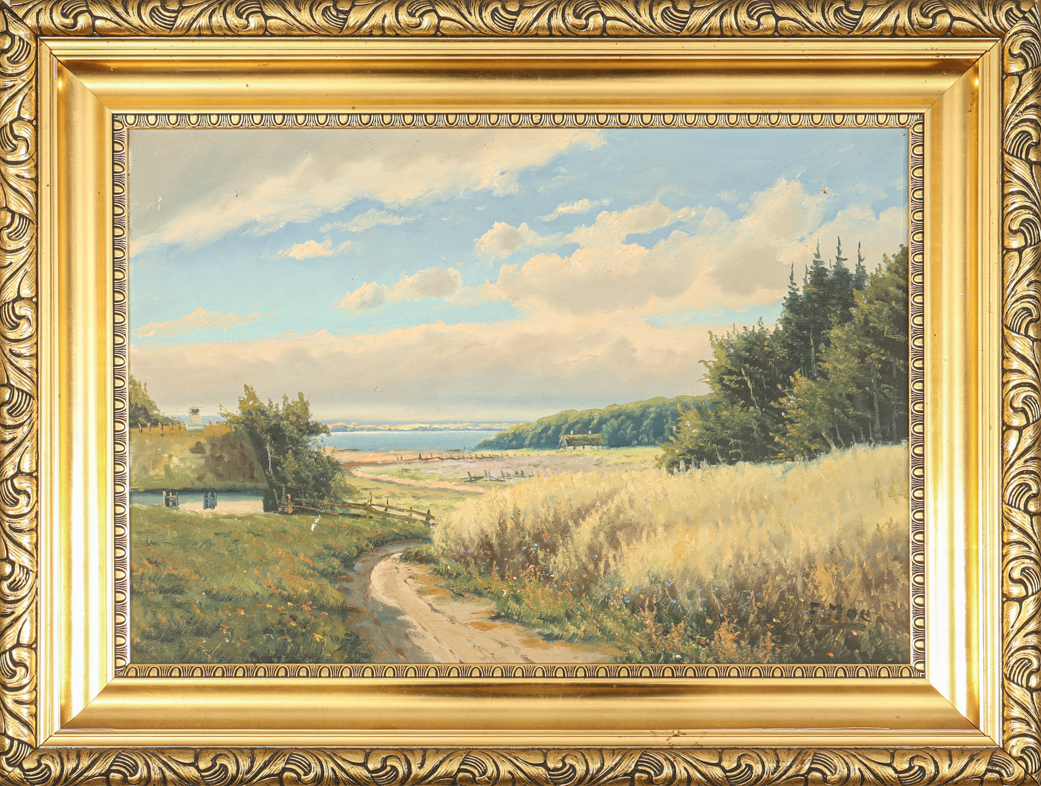 FREDRIK MOE. Olja på duk, sommar landskap, signerad.