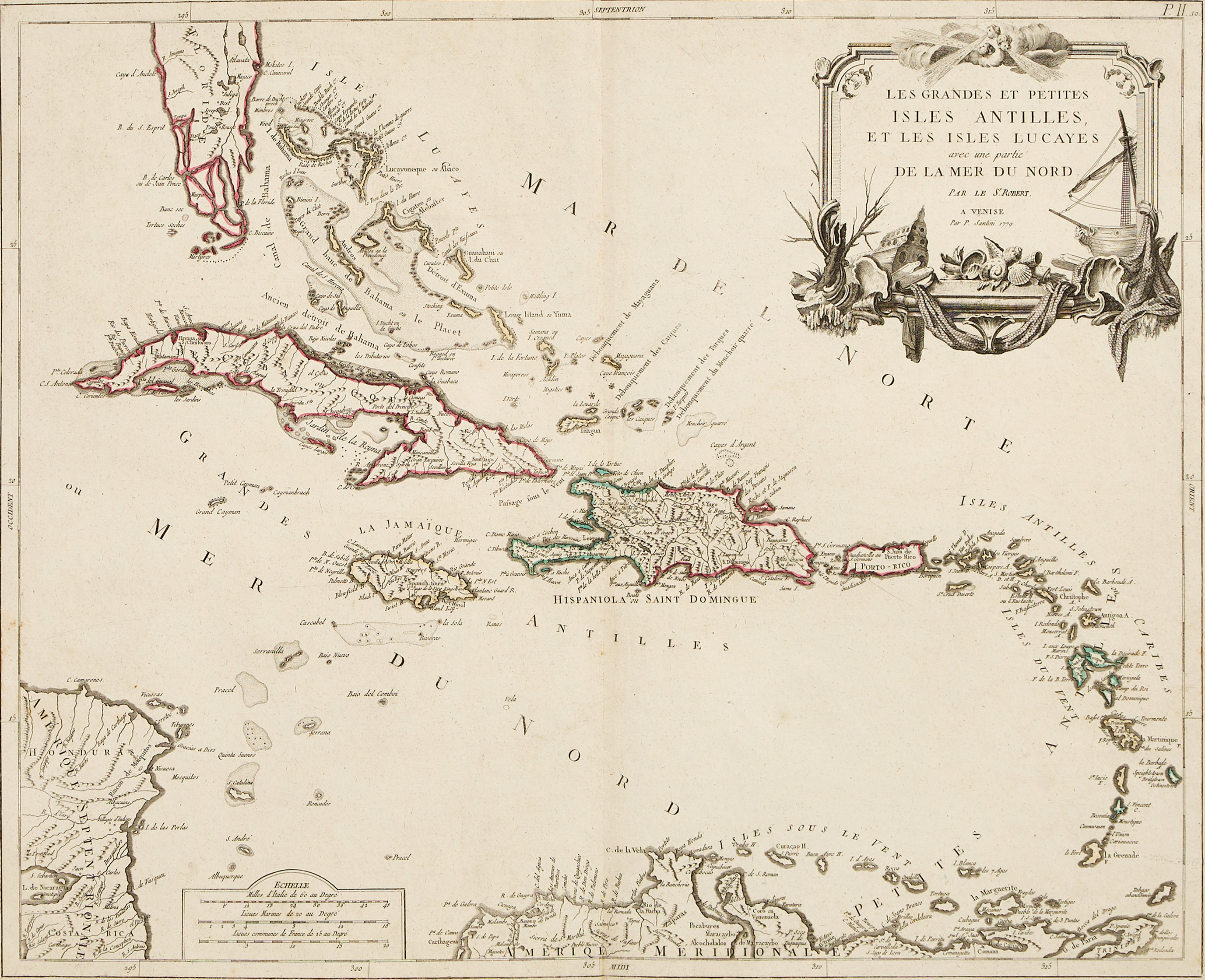 SANTINI/REMONDINI, "Les Grandes et Petites Isles Antilles, et les Isles Lucayes avec un partie da la Mer du Nord, 1779.