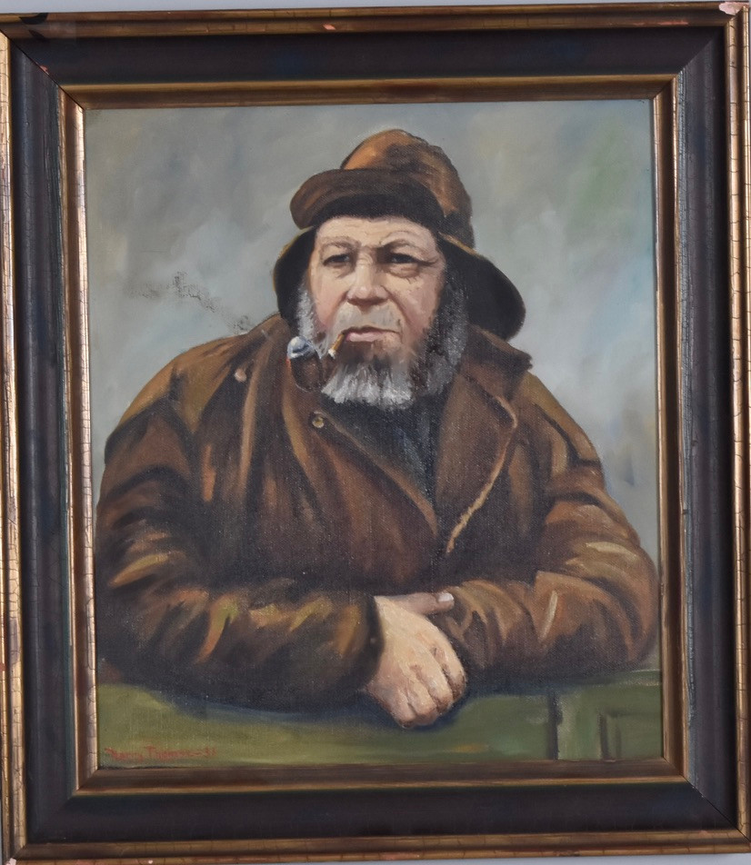 HARRY THOMSE. oljemålning på duk, fiskare i sydväst.
