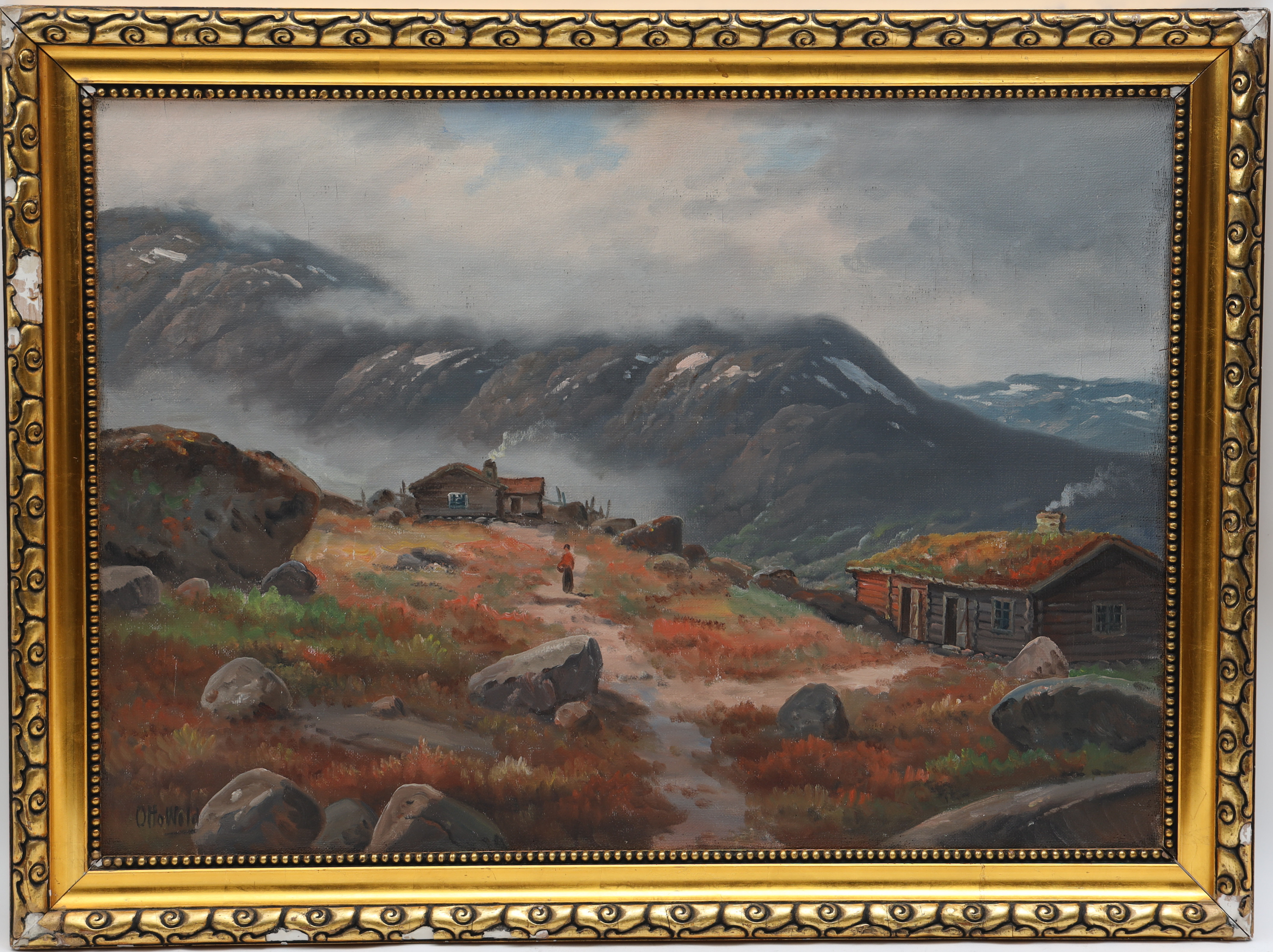 OTTO WOLD. Fjällandskap med stugor, signerad.