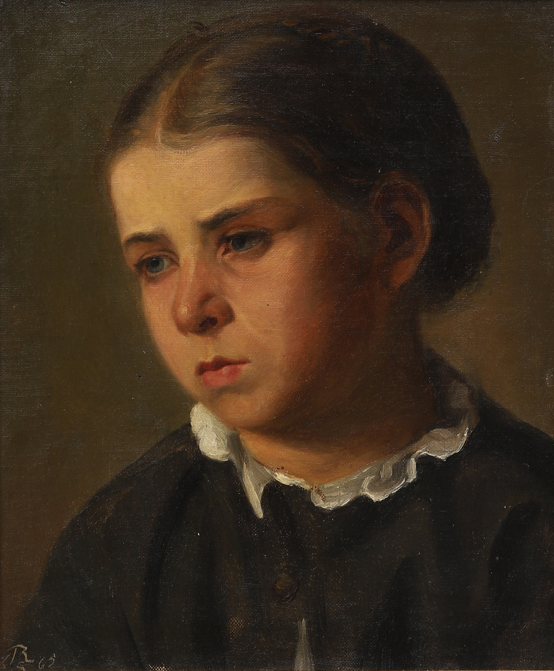 ROBERT ŚLIWIŃSKI (1840-1902). Porträtt av en flicka, olja på duk, monogramsignerad och daterad 1865.