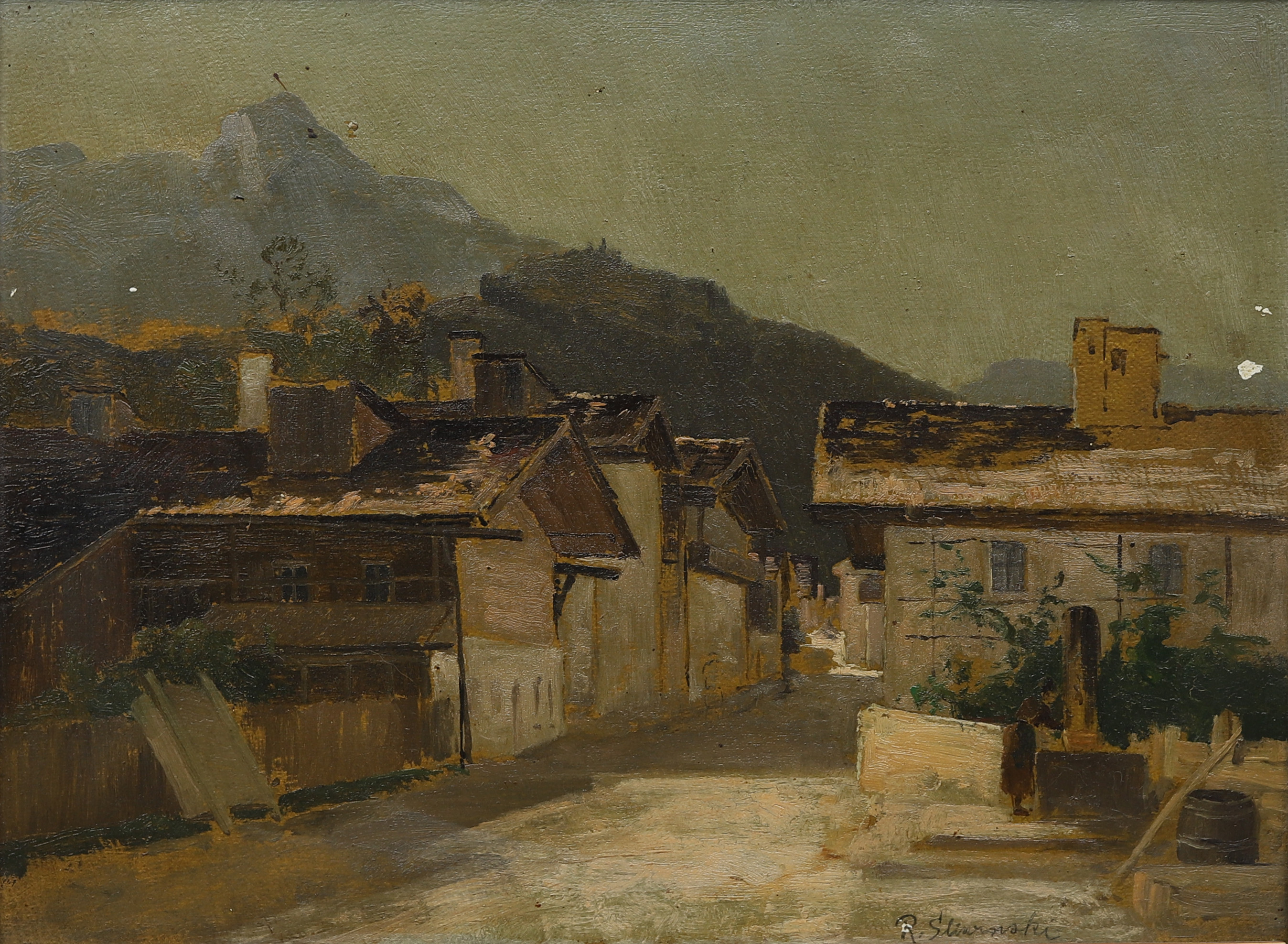 ROBERT ŚLIWIŃSKI (1840-1902). Bergsby, olja på pannå, signerad.