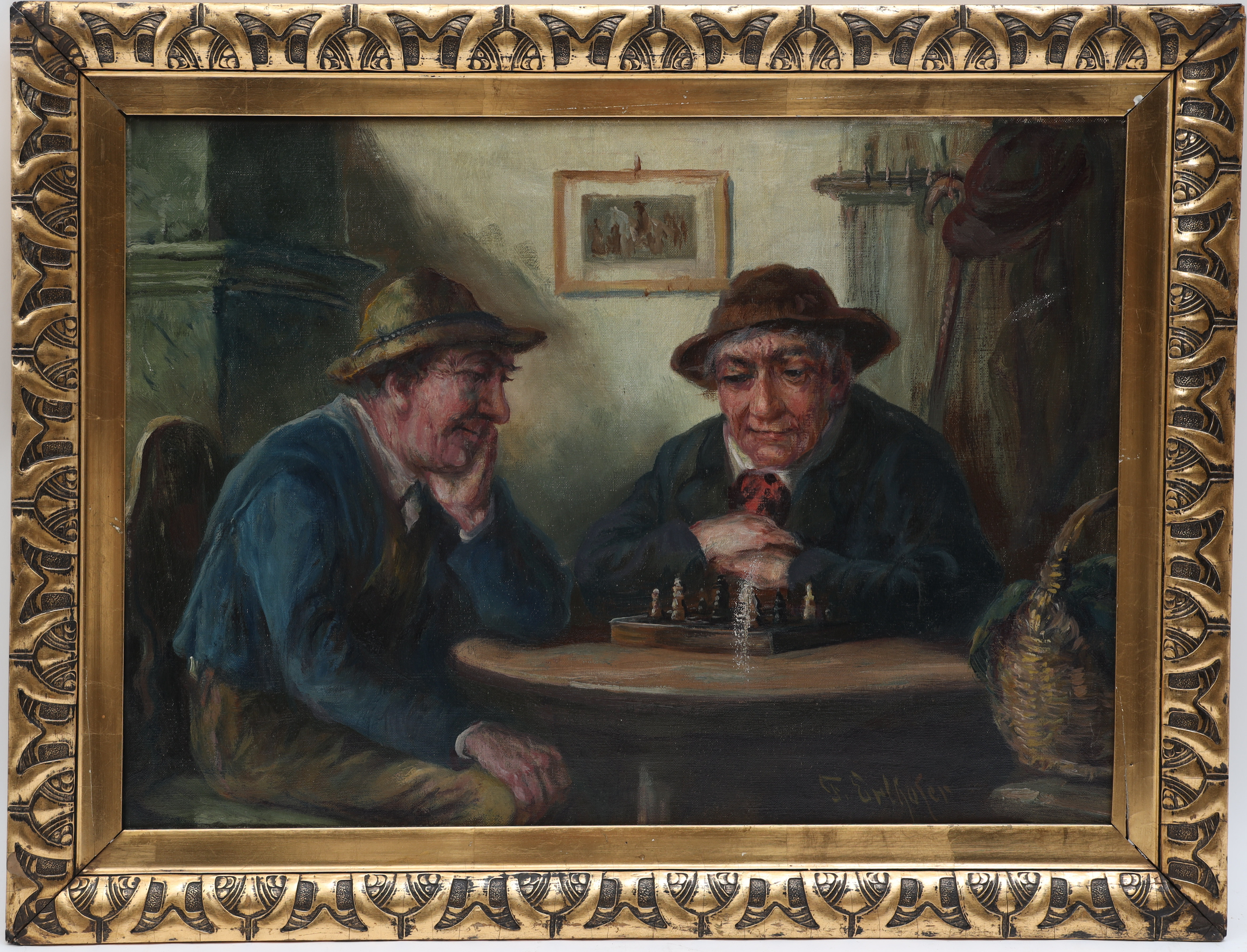 OIDENTIFIERAD KONSTNÄR. Interiör med schackspelande män, oljemålning på duk, 1900-talets början.