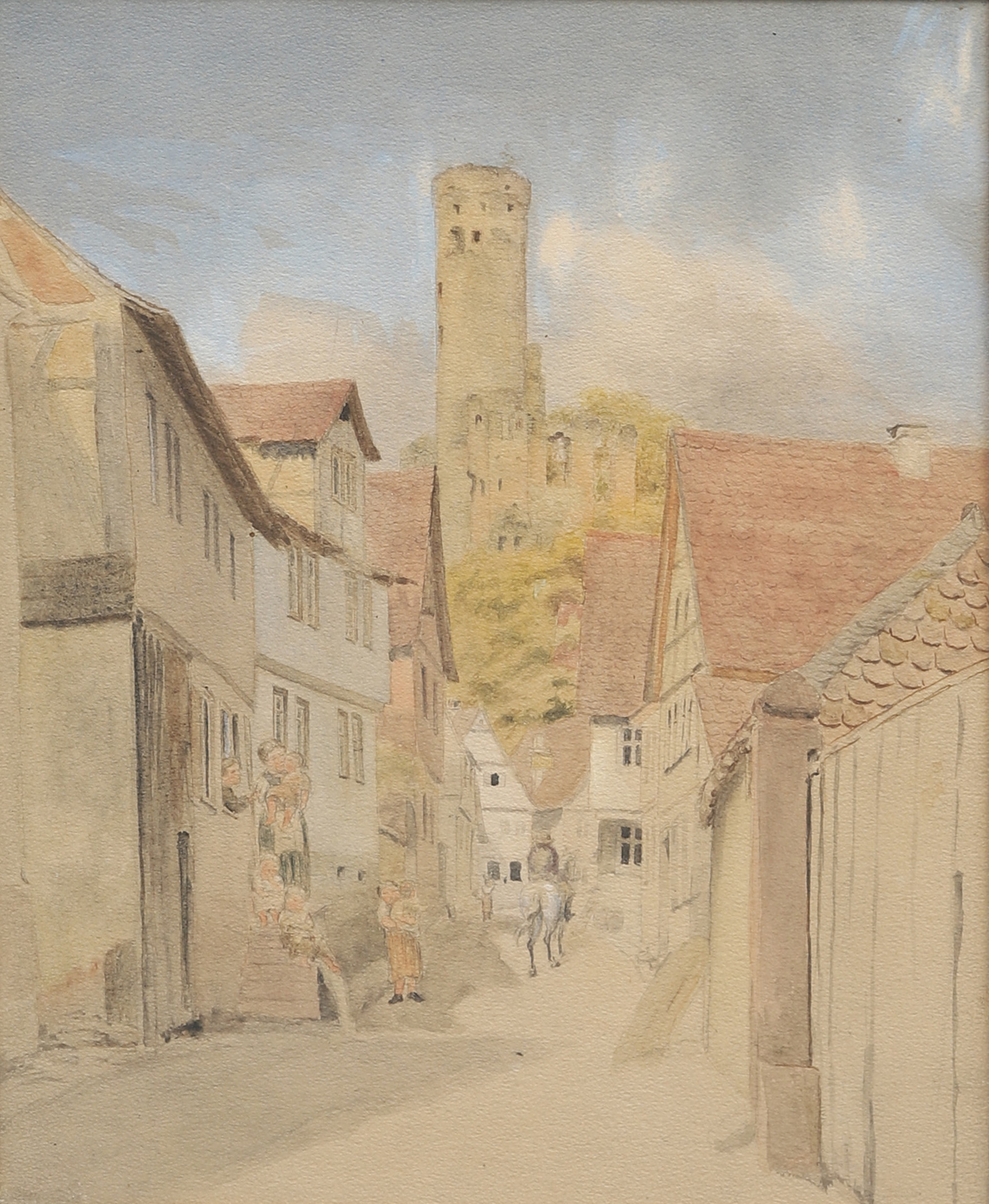 ROBERT ŚLIWIŃSKI (1840-1902). Gatuscen med slottsruin, akvarell, osignerad.