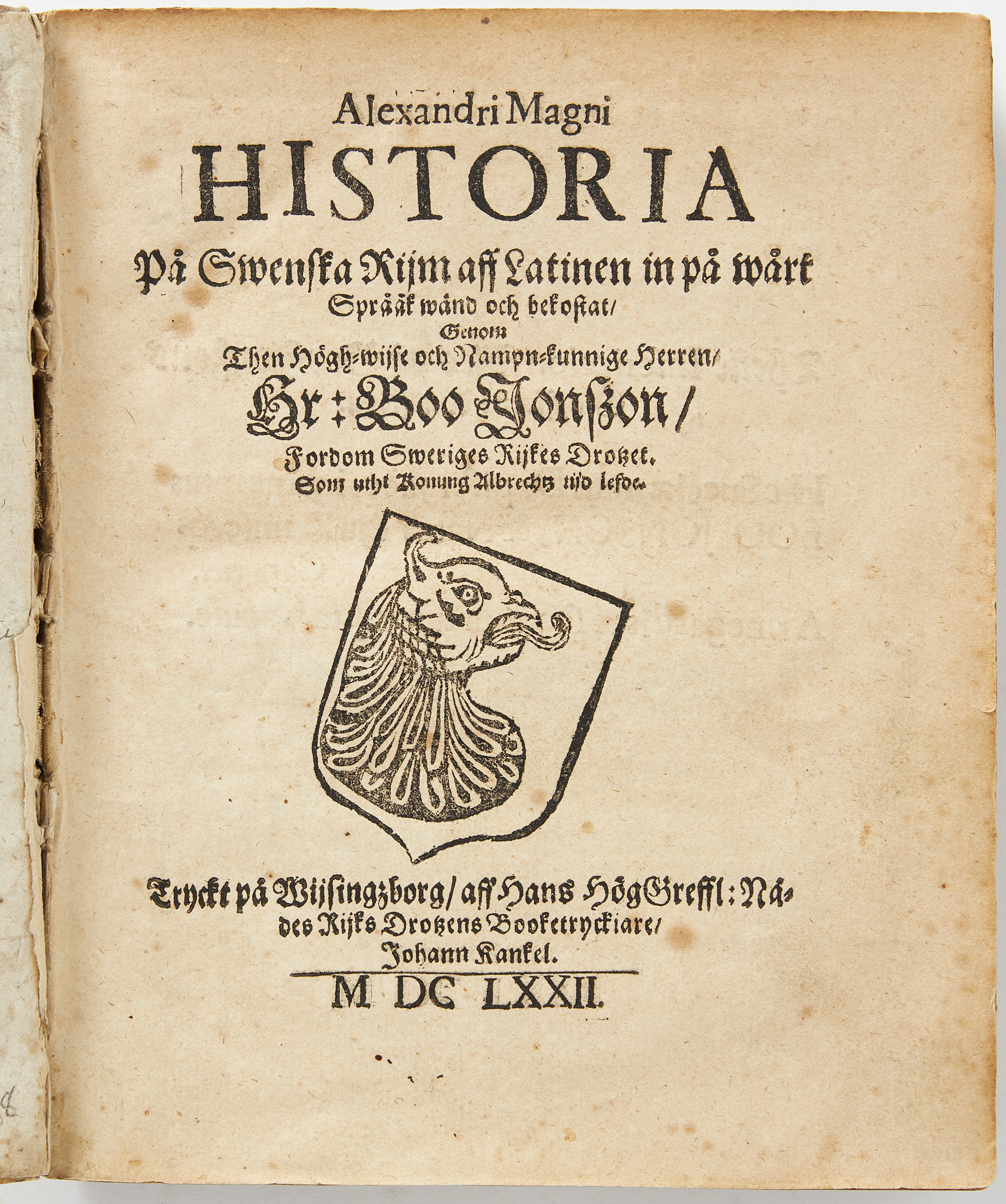 KANKELTRYCK, ALEXANDER DEN STORES HISTORIA. 1672-(73).