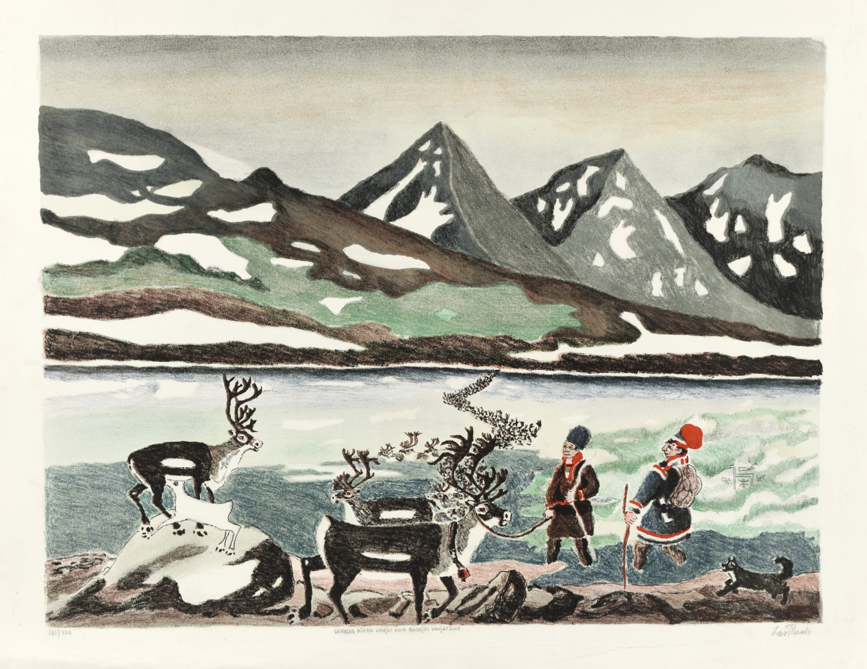 LARS PIRAK. signerad, numrerad 181/320 "Renhjordar simmar över Voujatäötno", färglitografi.