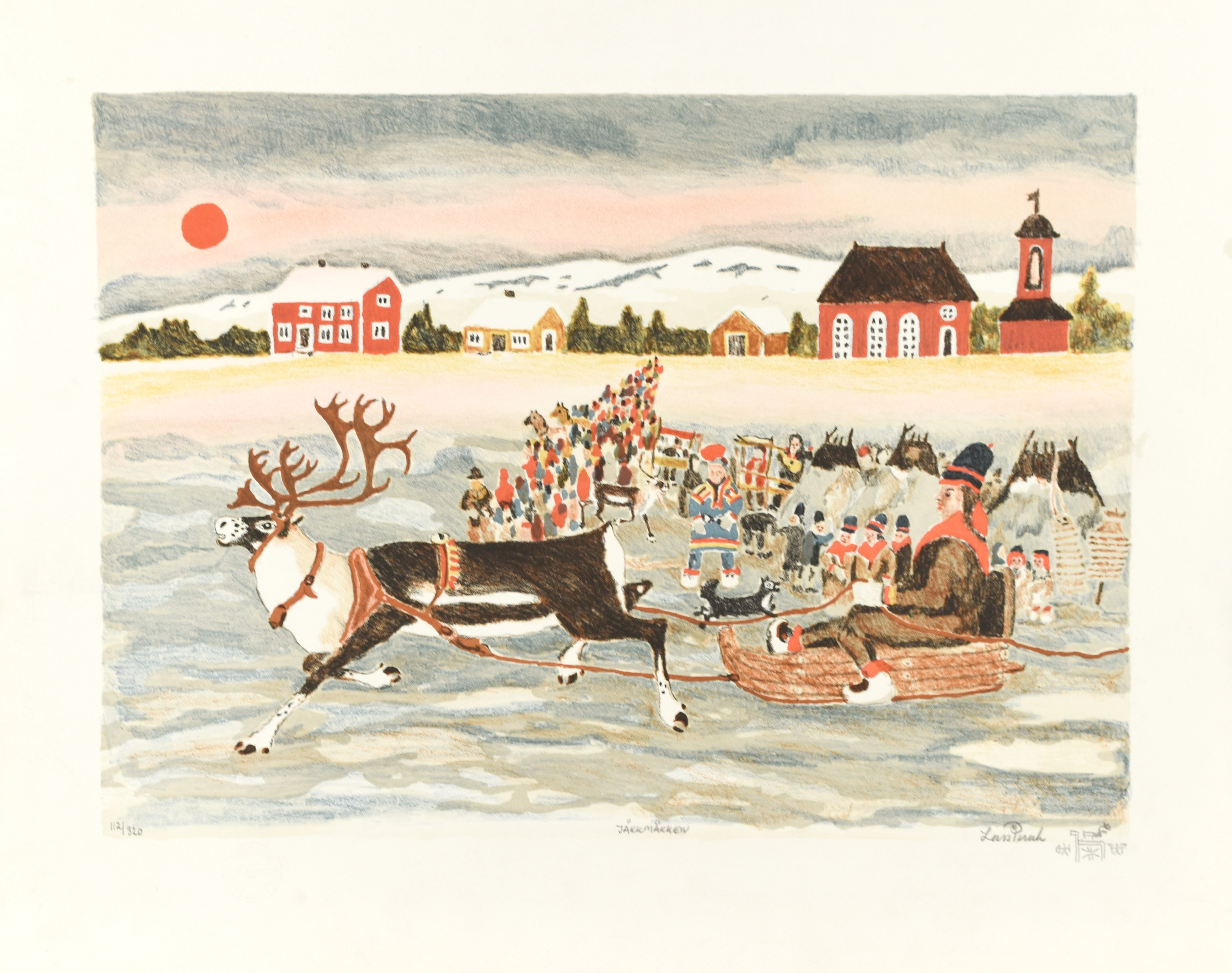 LARS PIRAK. "Jåkkmåkke", färglitografi, signerad och numrerad 112/320.