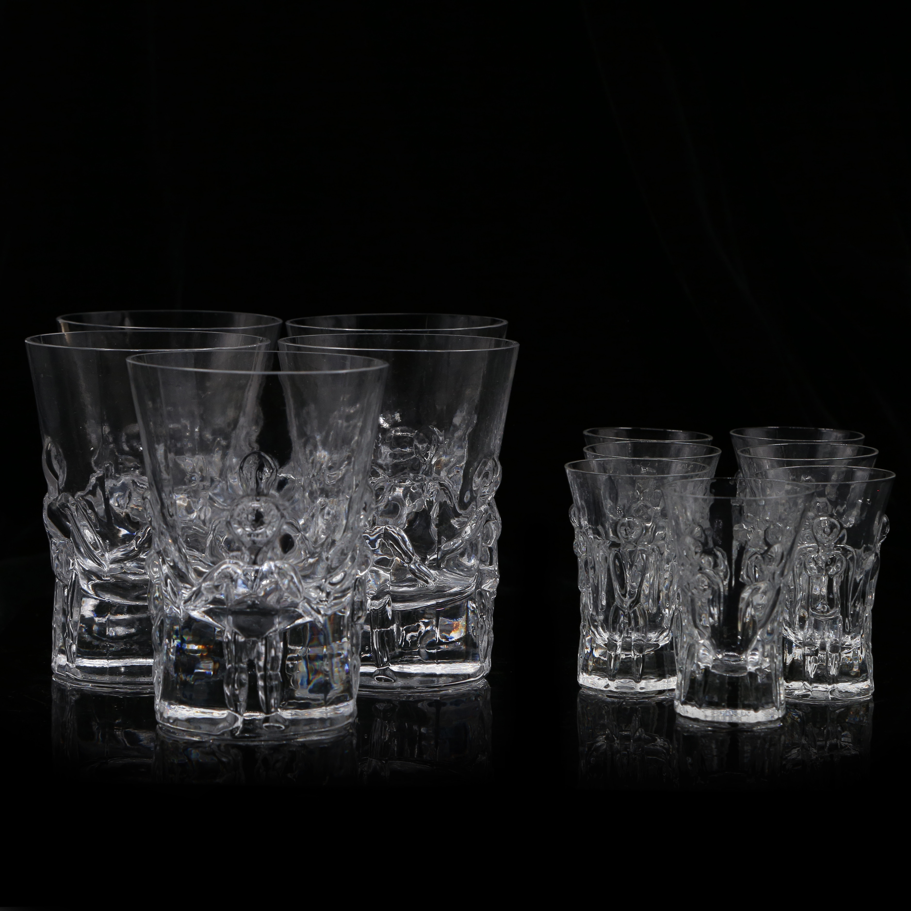 ERIK HÖGLUND. 7 SNAPSGLAS, 5 DRICKSGLAS, BODA GLASRUK, 1960-TAL.