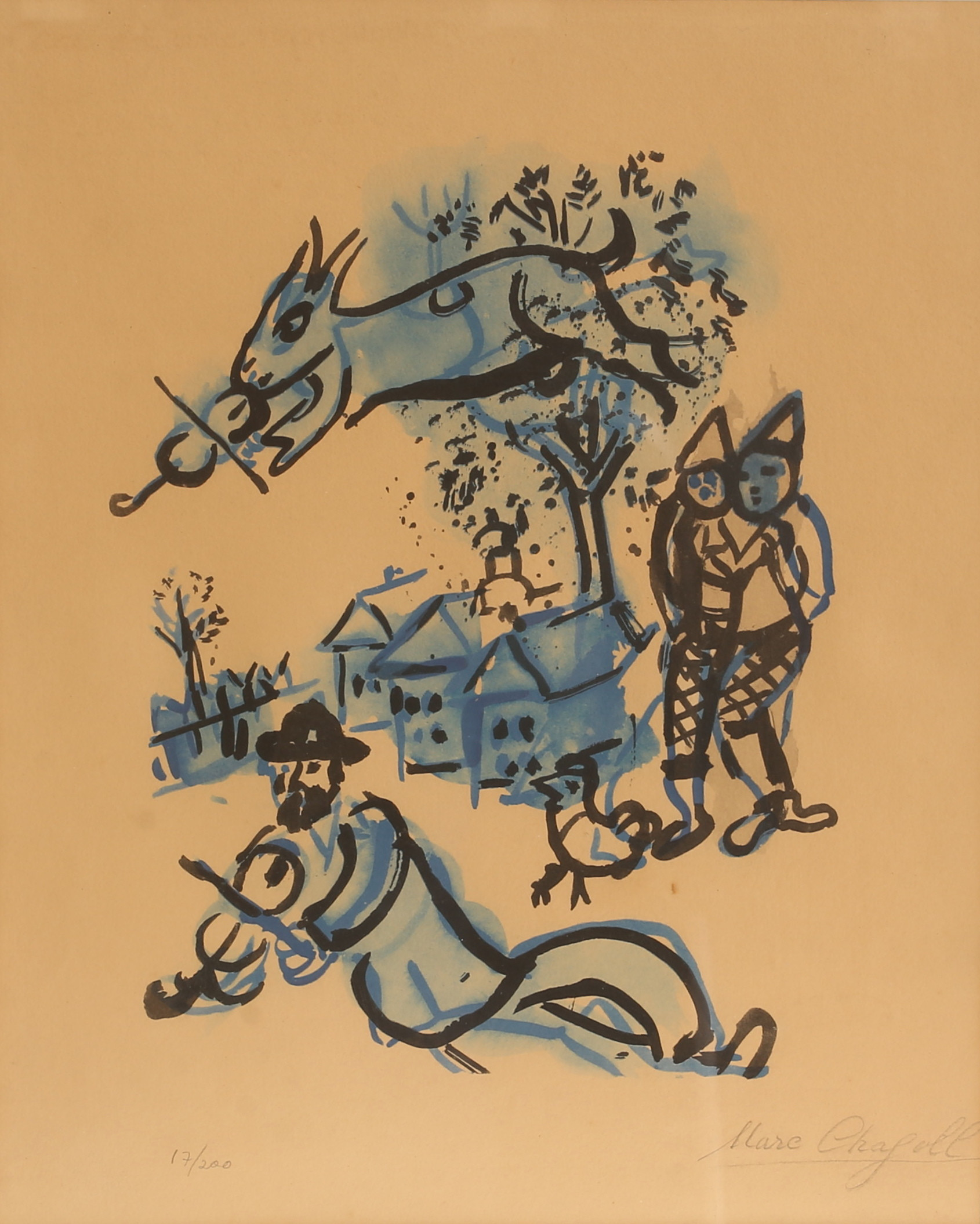 MARC CHAGALL. Efter, Pochoir/stencil, "Dans le village", signerad och numrerad.