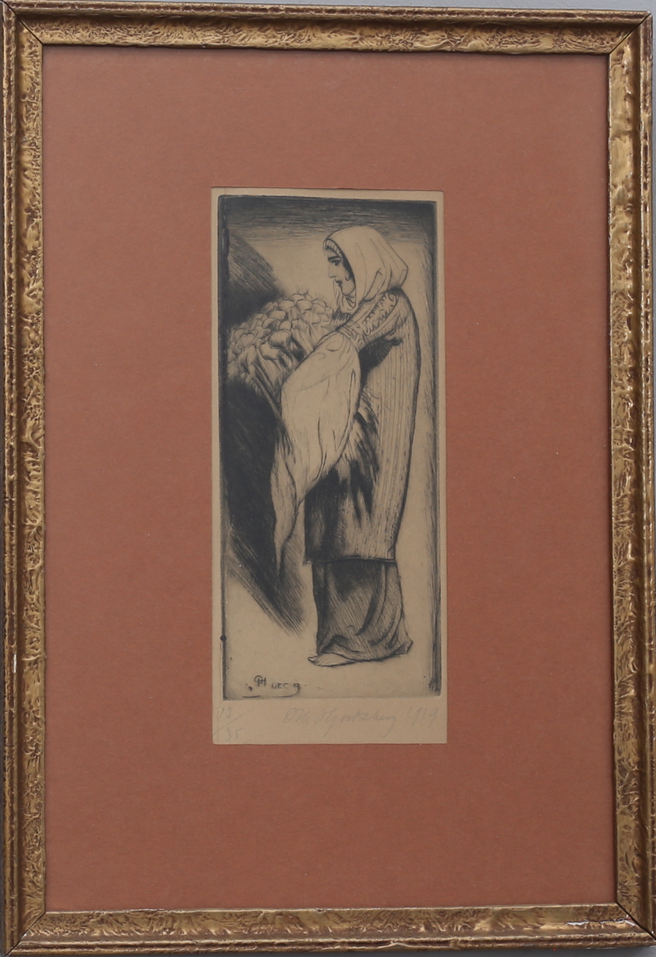 OLLE HJORTZBERG. "Lökförsäljerska från Jerusalem". Etsning, signerad och numrerad 13/35, daterad 1919.