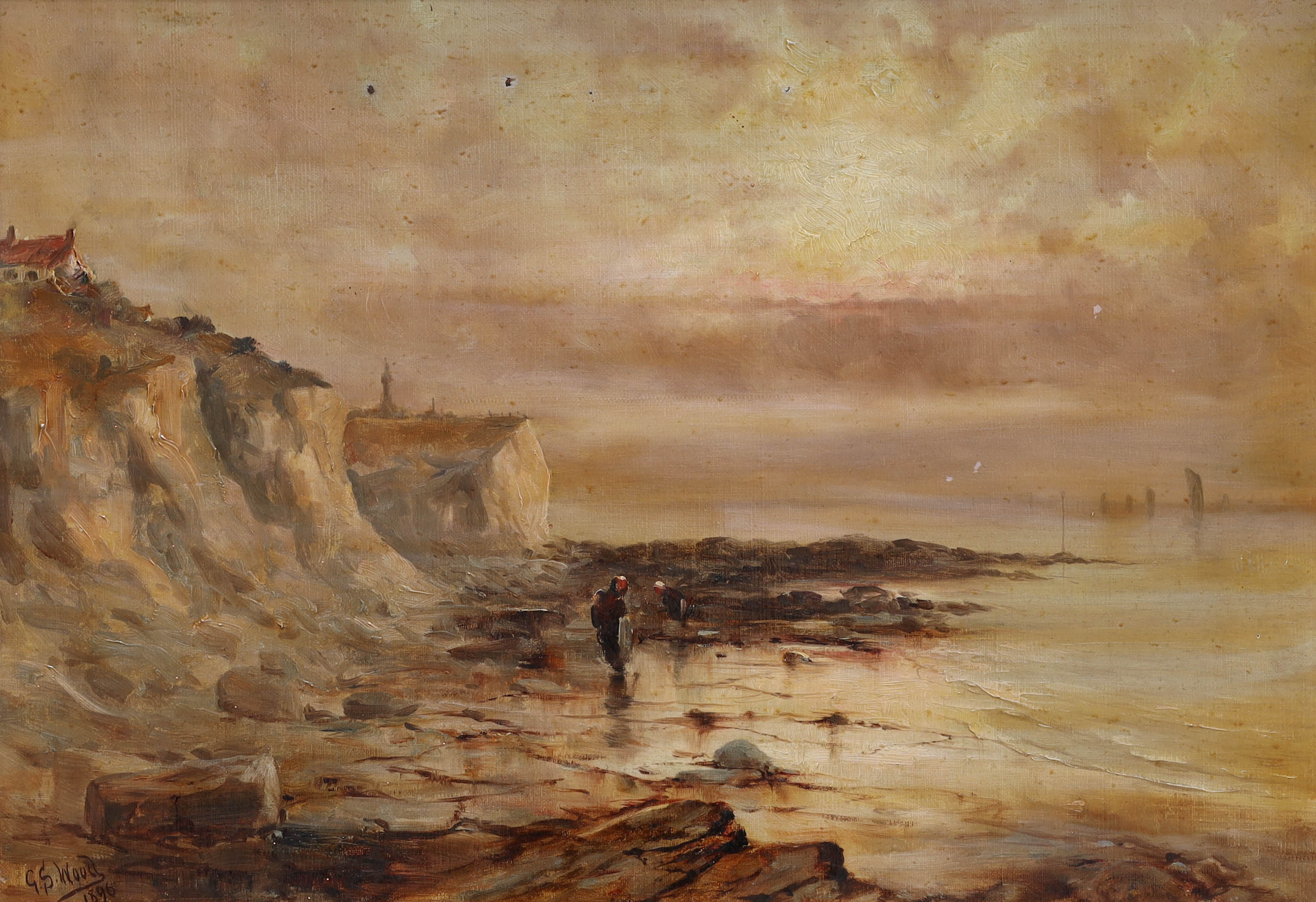 OIDENTIFIERAD KONSTNÄR. olja på duk, musselplockare vid strand, signerad G.S Wood, daterad 1896.