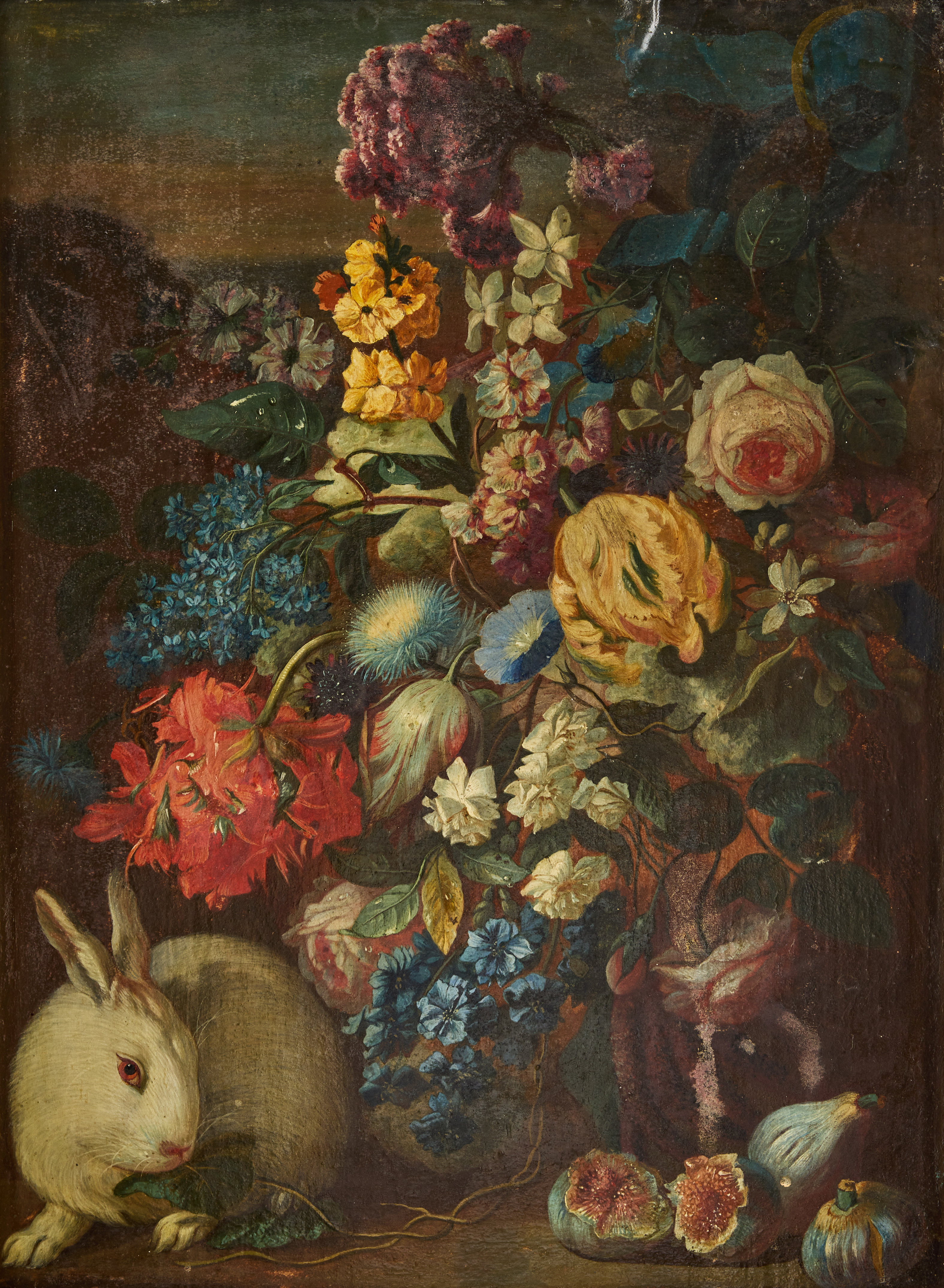FRANZ WERNER VON TAMM (HAMBURG 1658-1724 VIENNA). Circle of. Still life with a large bouquet of flowers, a white rabbit and figs.