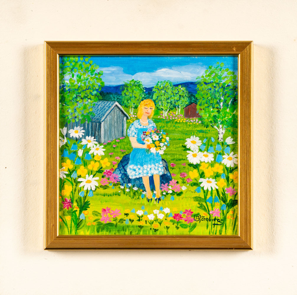 BEDA RÖNNBERG. Olja på pannå, "Flicka med midsommarblommor" Signerad & daterad.