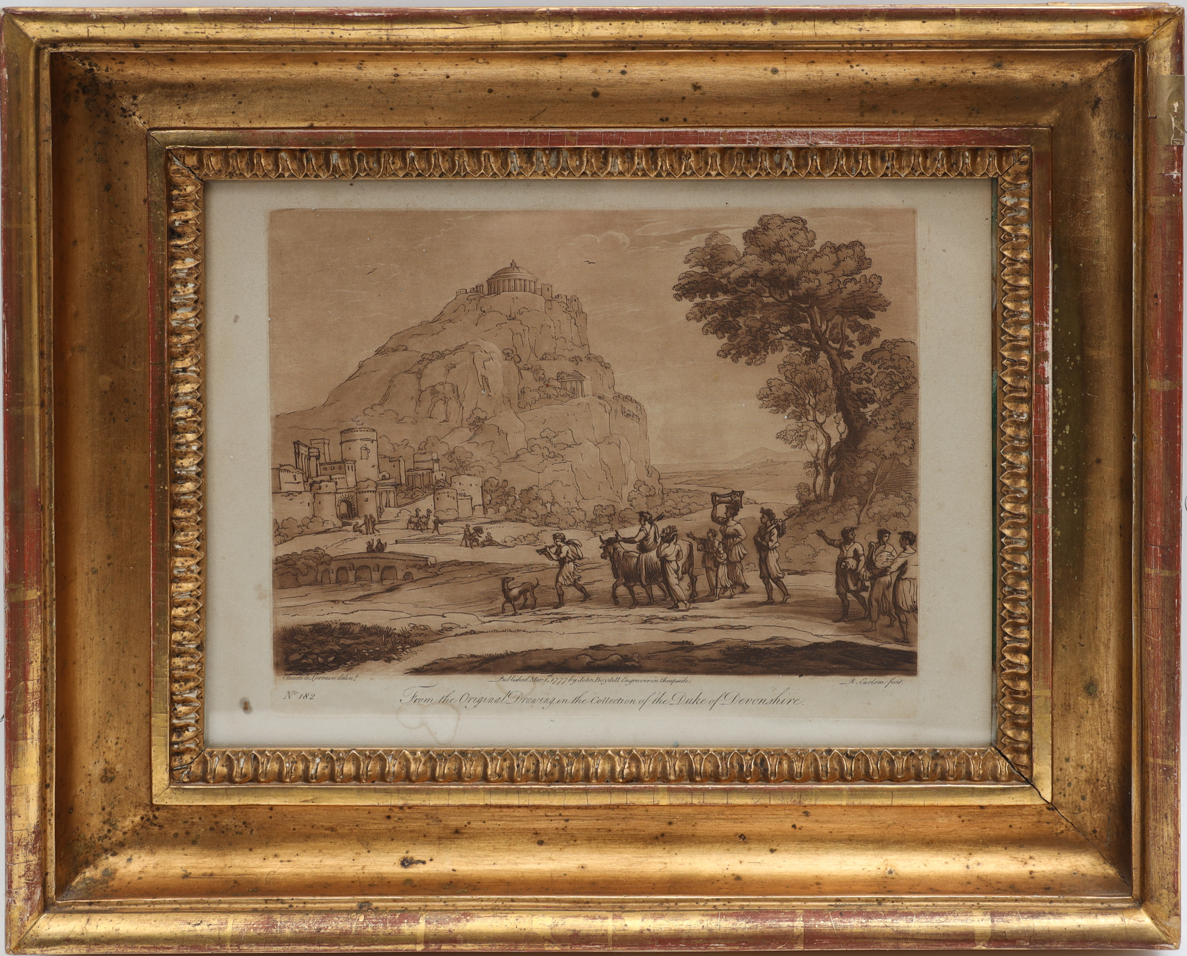 CLAUDE LORRAIN. Aquatintetsning, daterad 1777, "From the original drawing in the collection of the duke of devonshire".