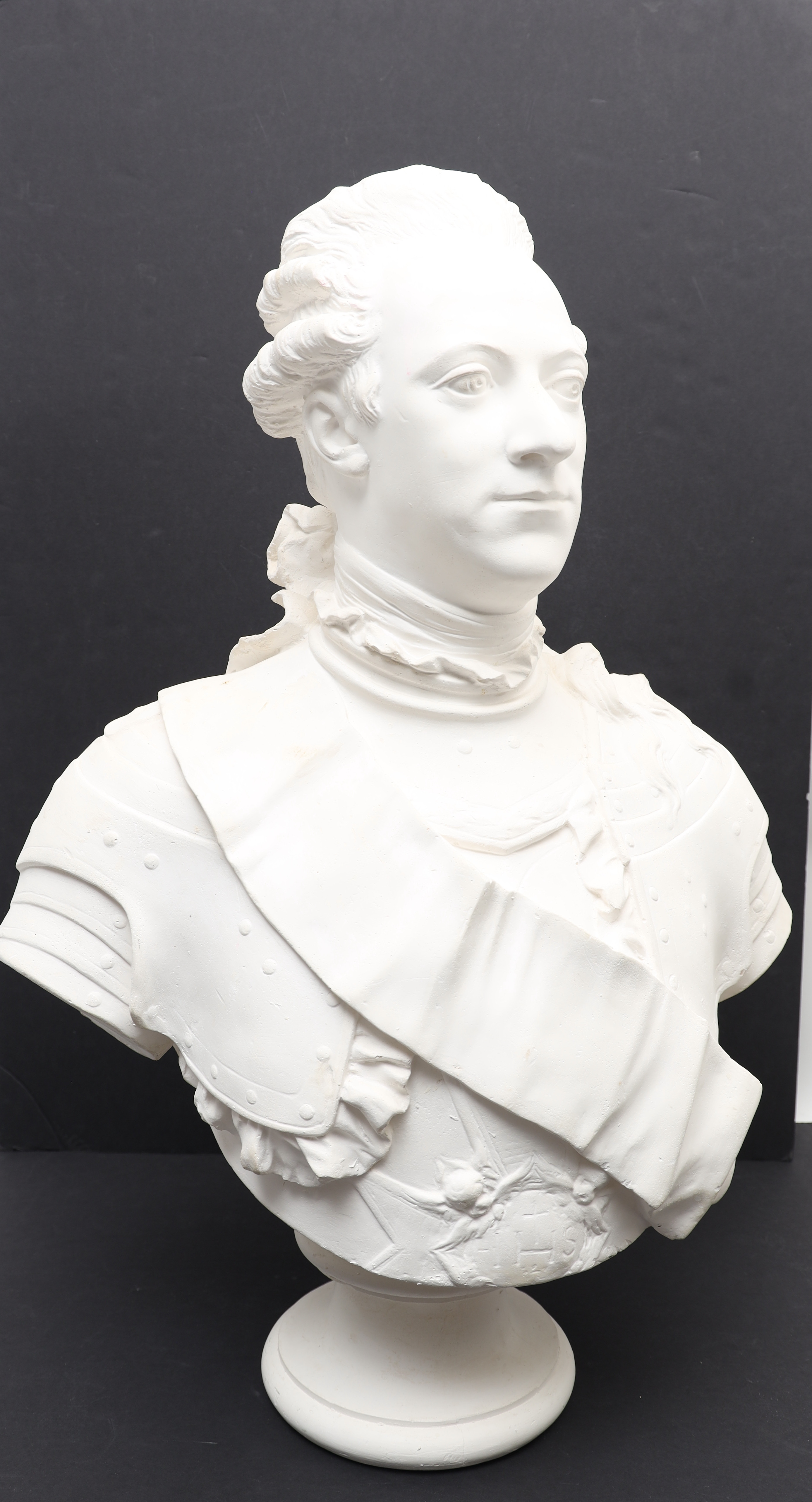 JOHAN TOBIAS SERGEL. Efter, BYST, 1900-tal, föreställande kung Gustav III (1746-1792), klädd i kyrass med Serafimerordens band och kraschan.