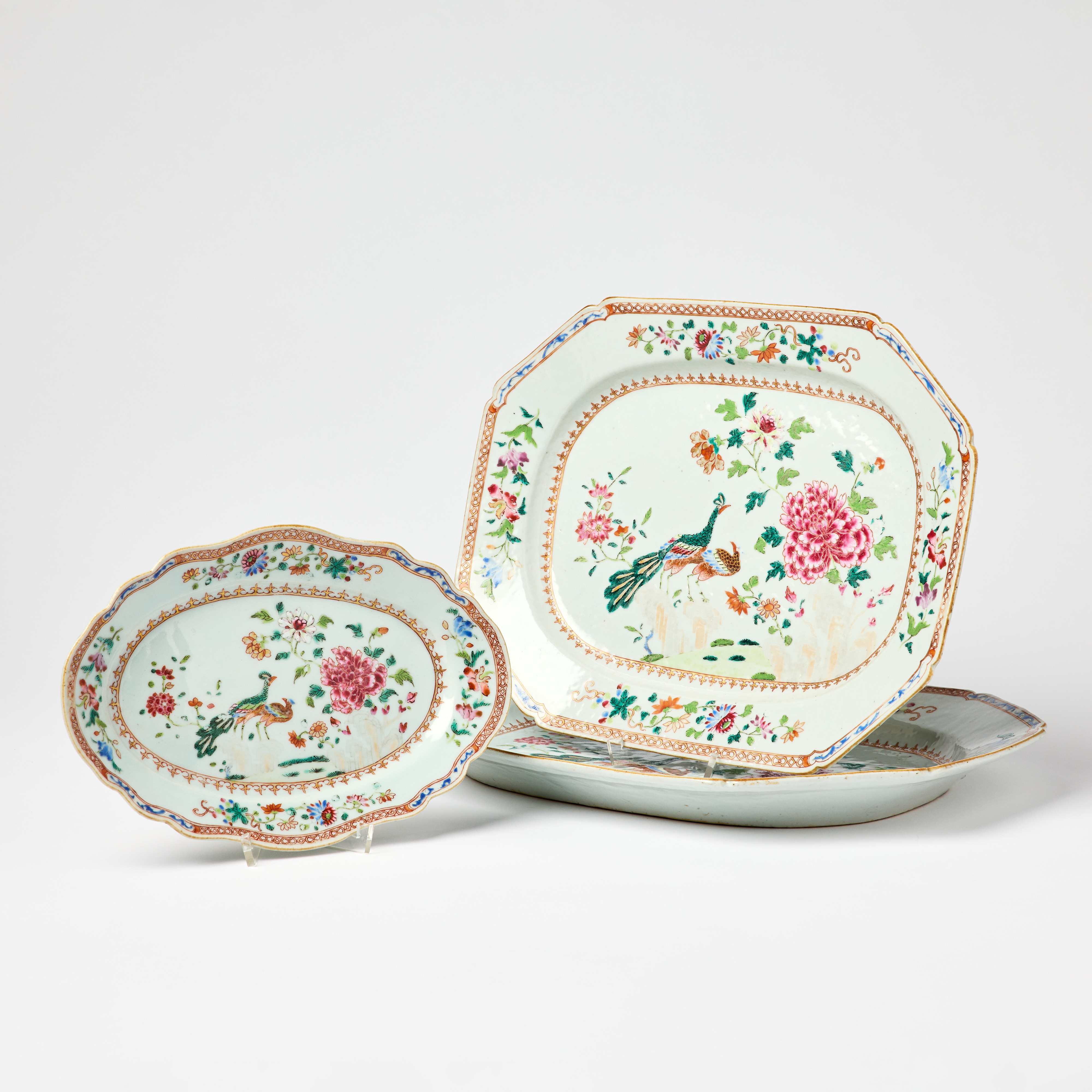 Three Chinese Famille Rose `King John Pattern´Dishes.