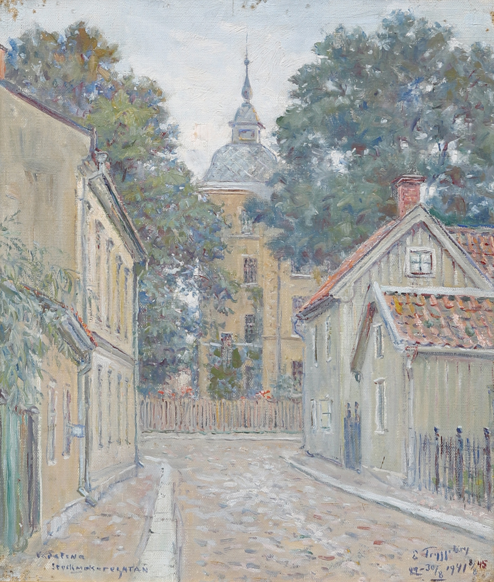 ERIK  TRYGGELIN. Motiv från Stockmakaregatan, Vadstena, olja på duk, signerad och daterad 1941-45.
