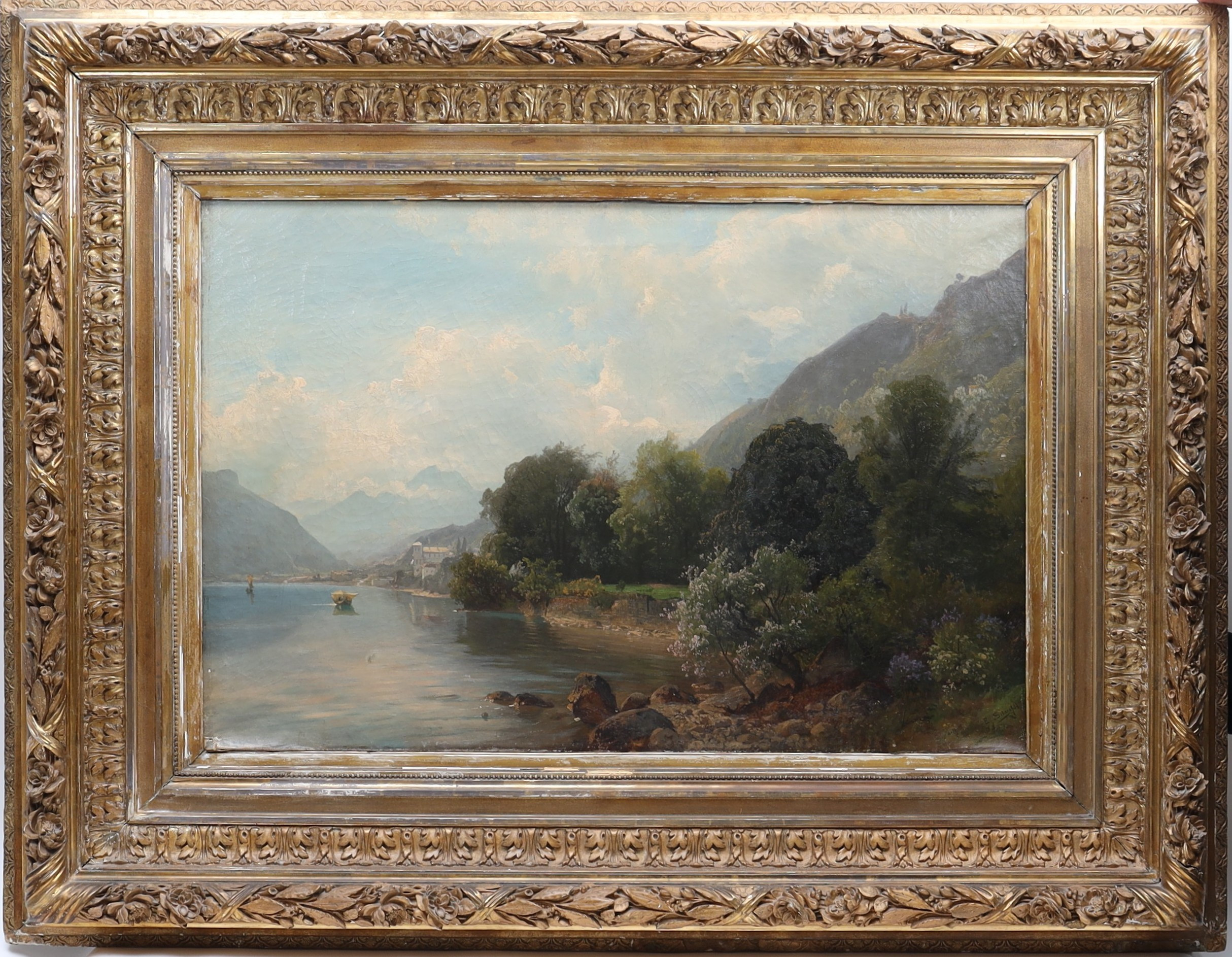 EDVARD SCHOENFELDT. Landskap med vattendrag och figurer, oljemålning på duk, 1800-tal, signerad.