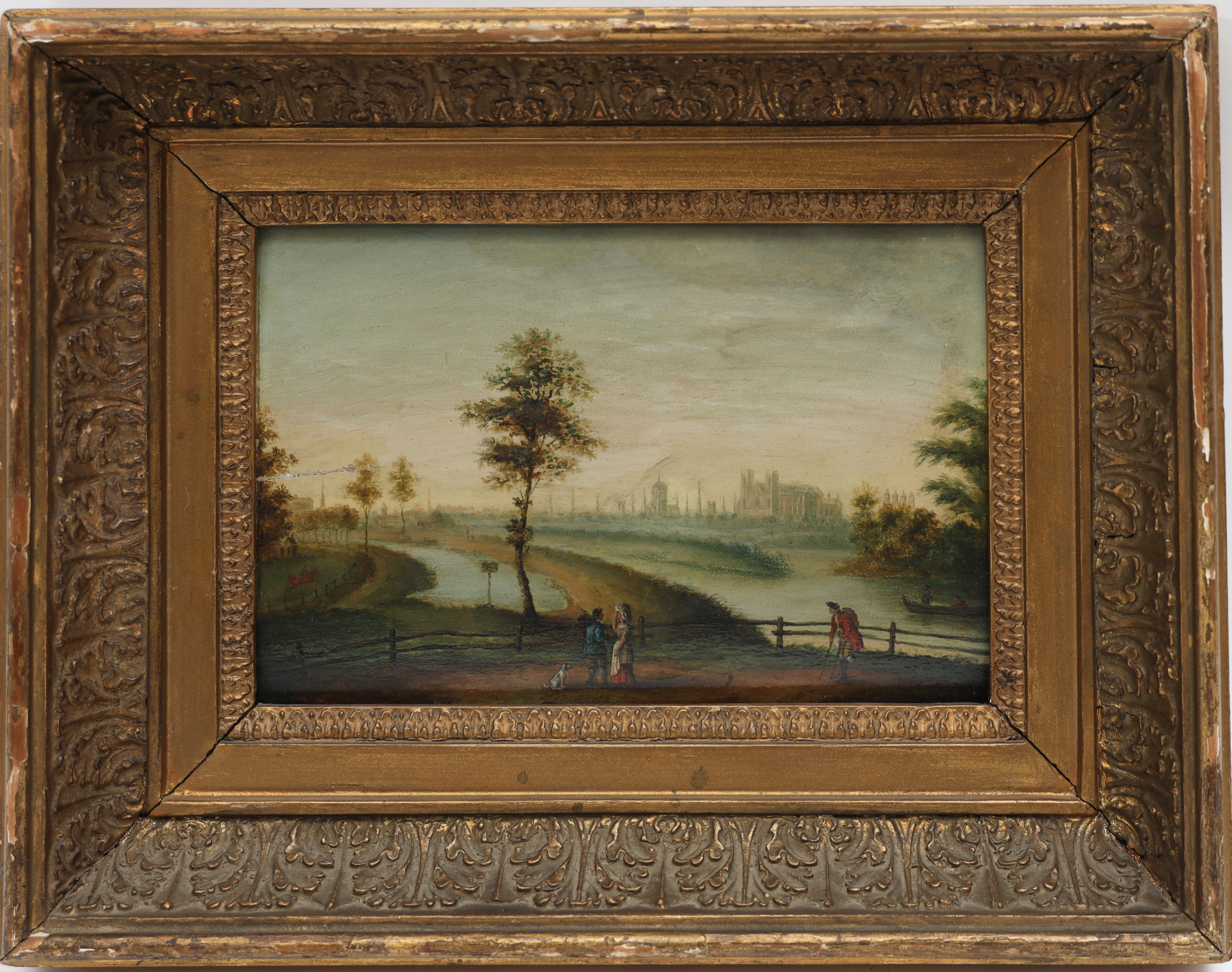 OKÄND KONSTNÄR. Sannolikt Italien, 1800-tal, landskap med figurer, oljemålning på träskiva.