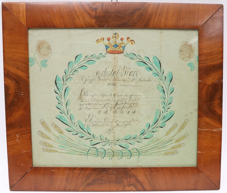 GRATULATIONSTAVLA, daterad 1830, bemålat papper.
