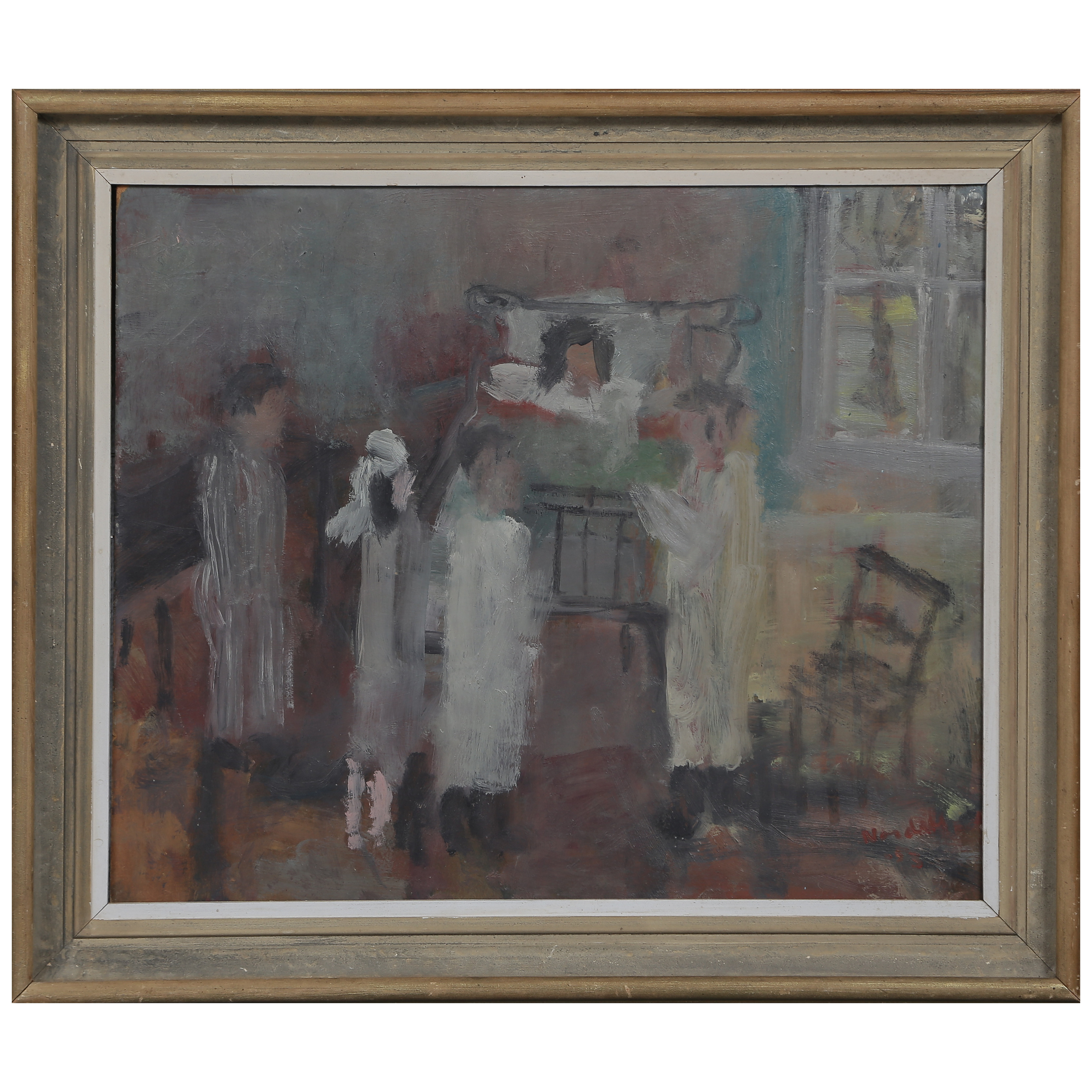 ESKIL NORDELL (1921-2001) "SJUKHUSRONDEN" OLJA PÅ PANNÅ, SIGNERAD.