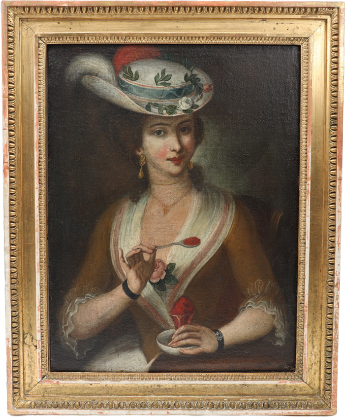 OKÄND KONSTNÄR. Oljemålning på duk, kvinna med hatt, 1700-tal.