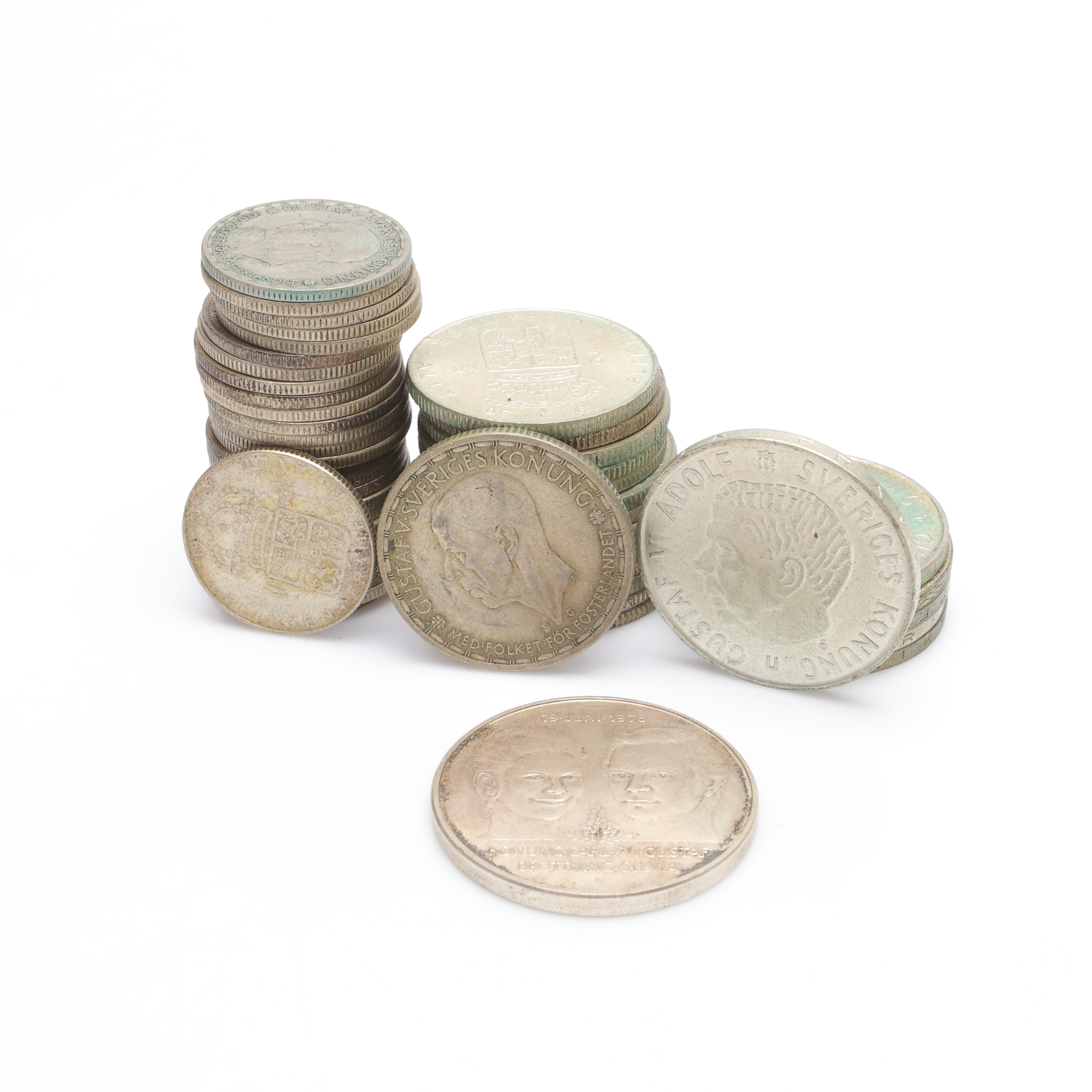 MYNT, 1 kronor, 2 kronor, 5 kronor, 50 kronor Sverige, silver.