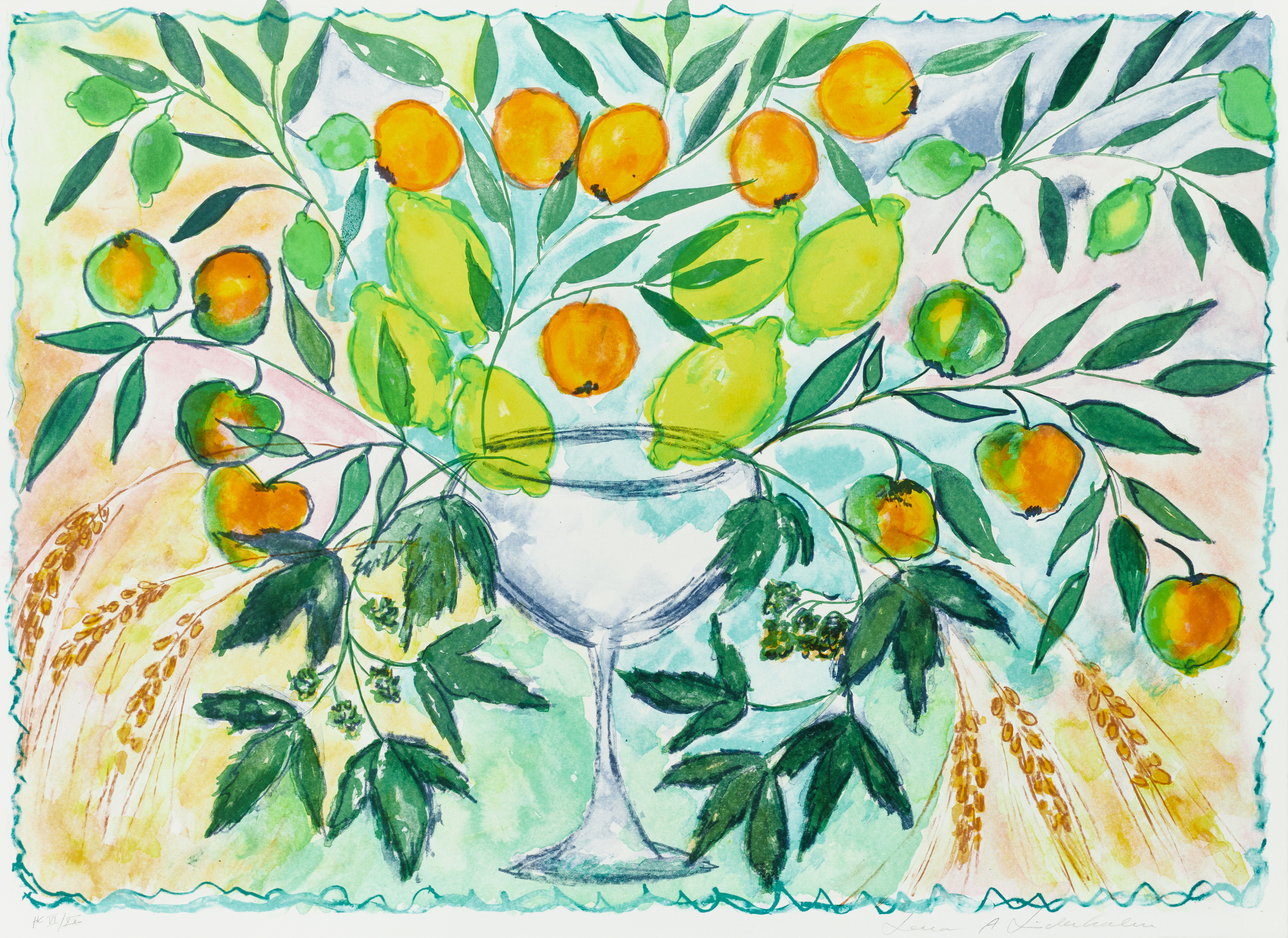 LENA LINDERHOLM (FÖDD 1947). Stilleben med citrusfrukter, signerad, numrerad, färglitografi.