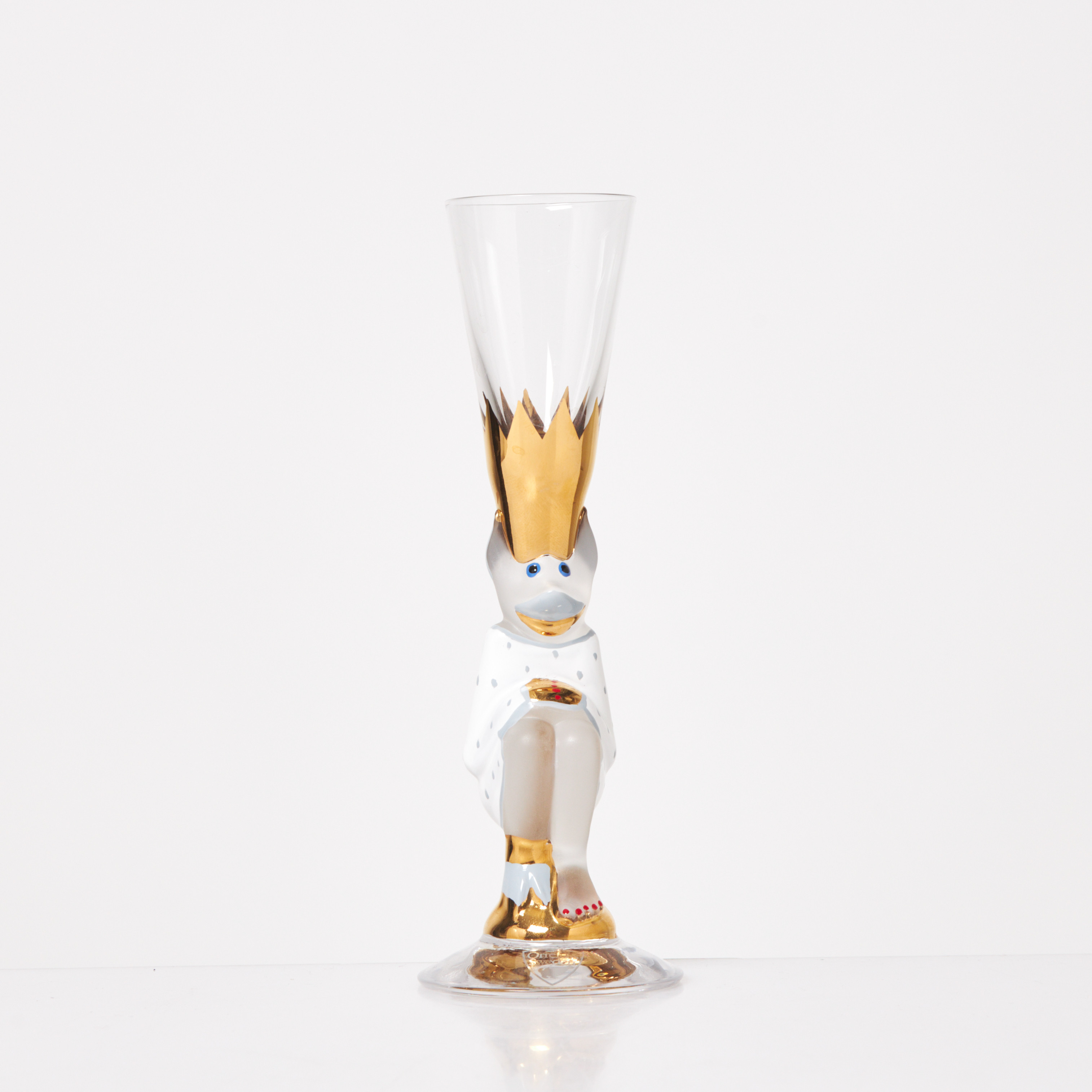 GUNNAR CYRÉN. "A memorial Nobel glass", snapsglas, ur "Nobel", Orrefors, formgivningsår 1996, fot i form av krönt djävul med målad dekor, undertill märkt CG Minne.